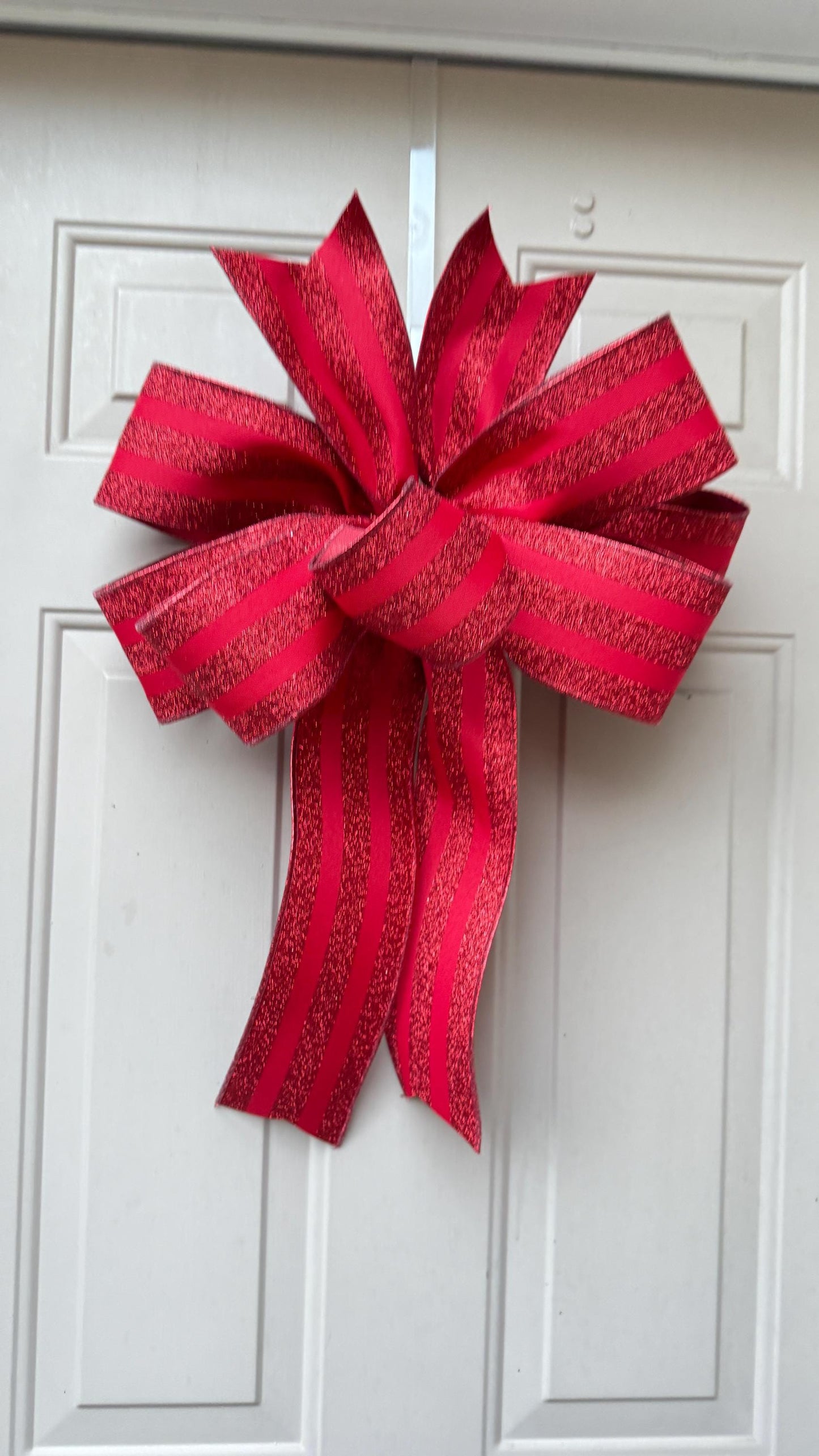 Red Glitter Stripe Christmas Bow, Tree Topper, Holiday Decor