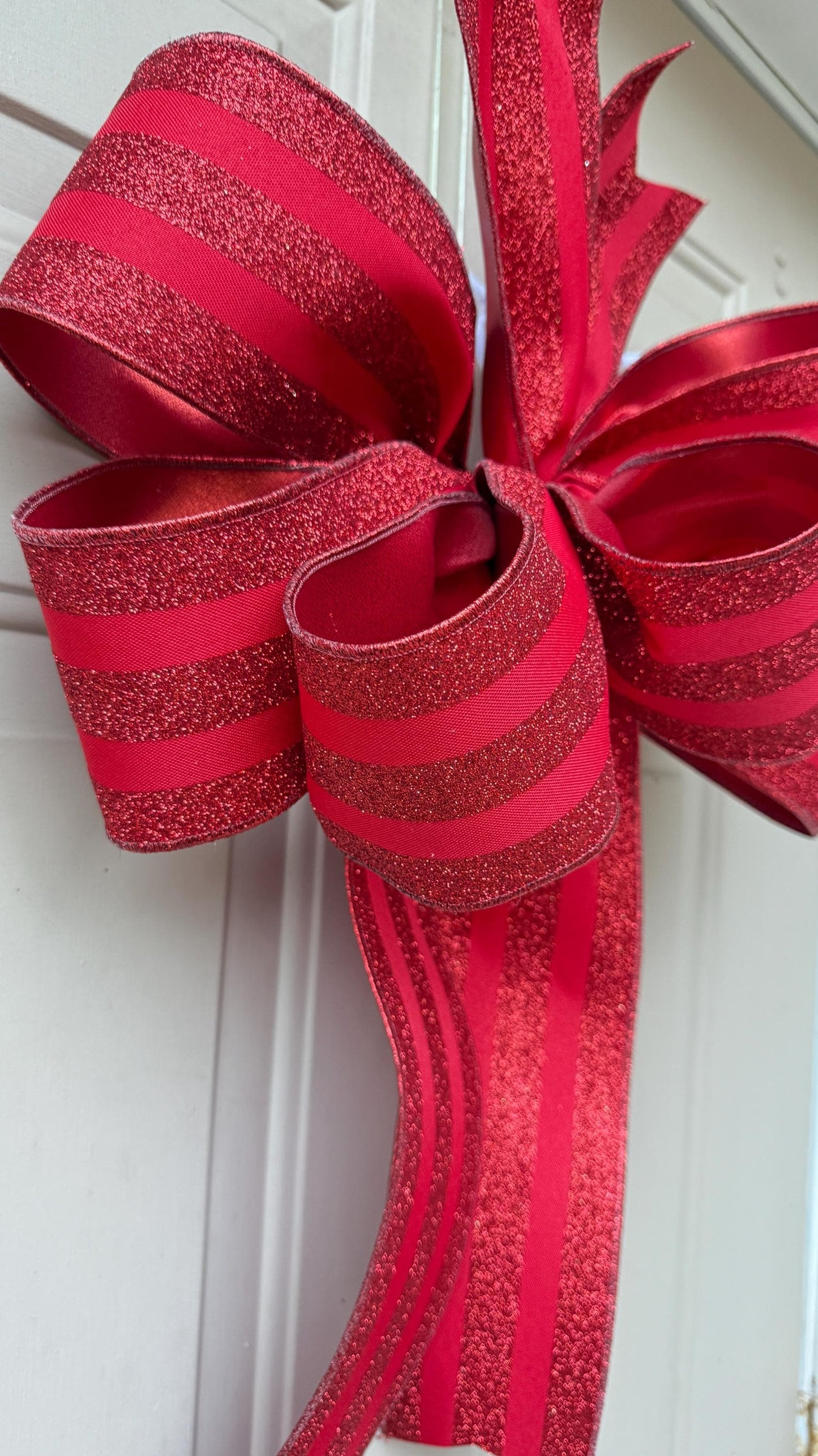 Red Glitter Stripe Christmas Bow, Tree Topper, Holiday Decor