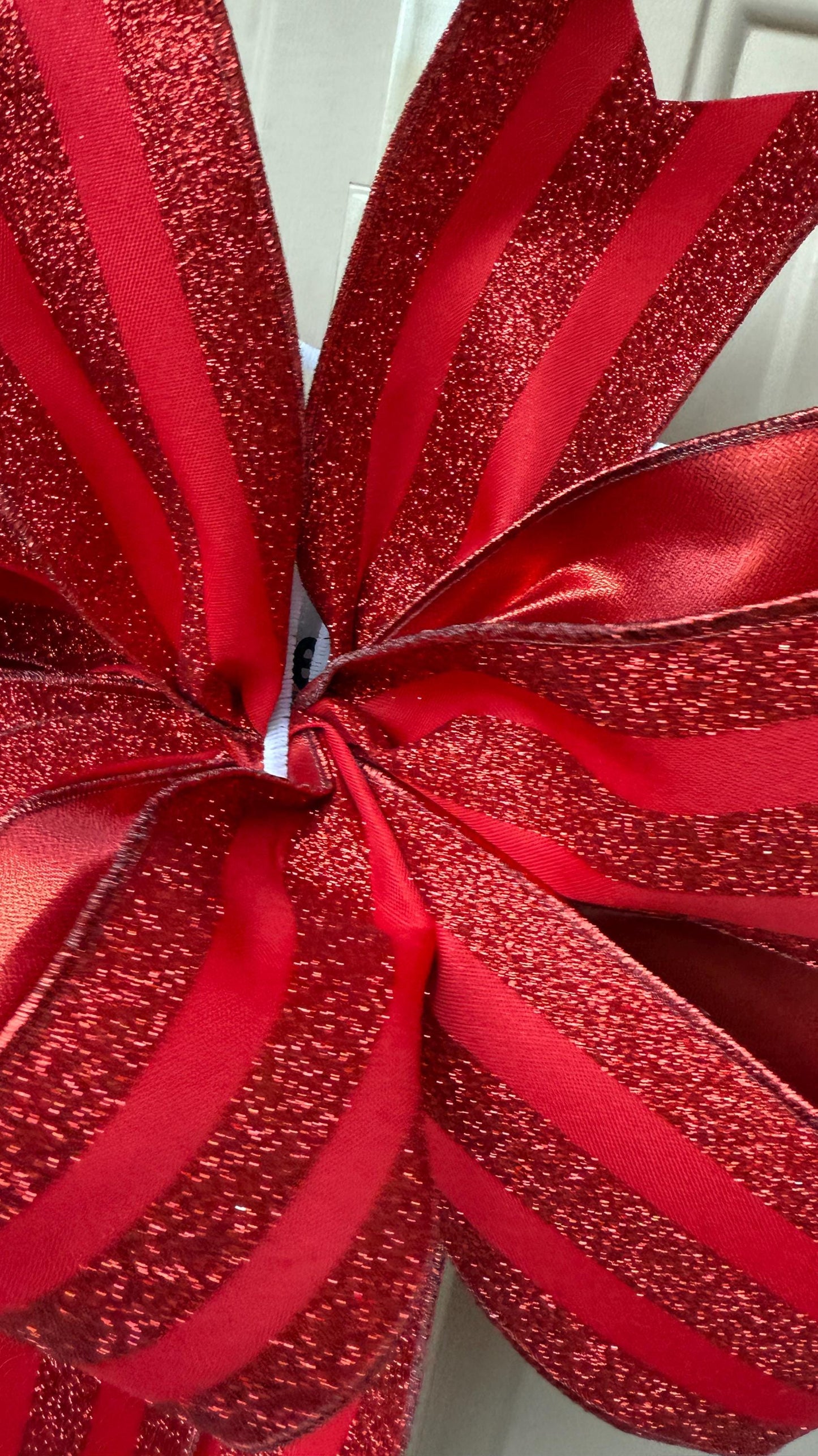 Red Glitter Stripe Christmas Bow, Tree Topper, Holiday Decor