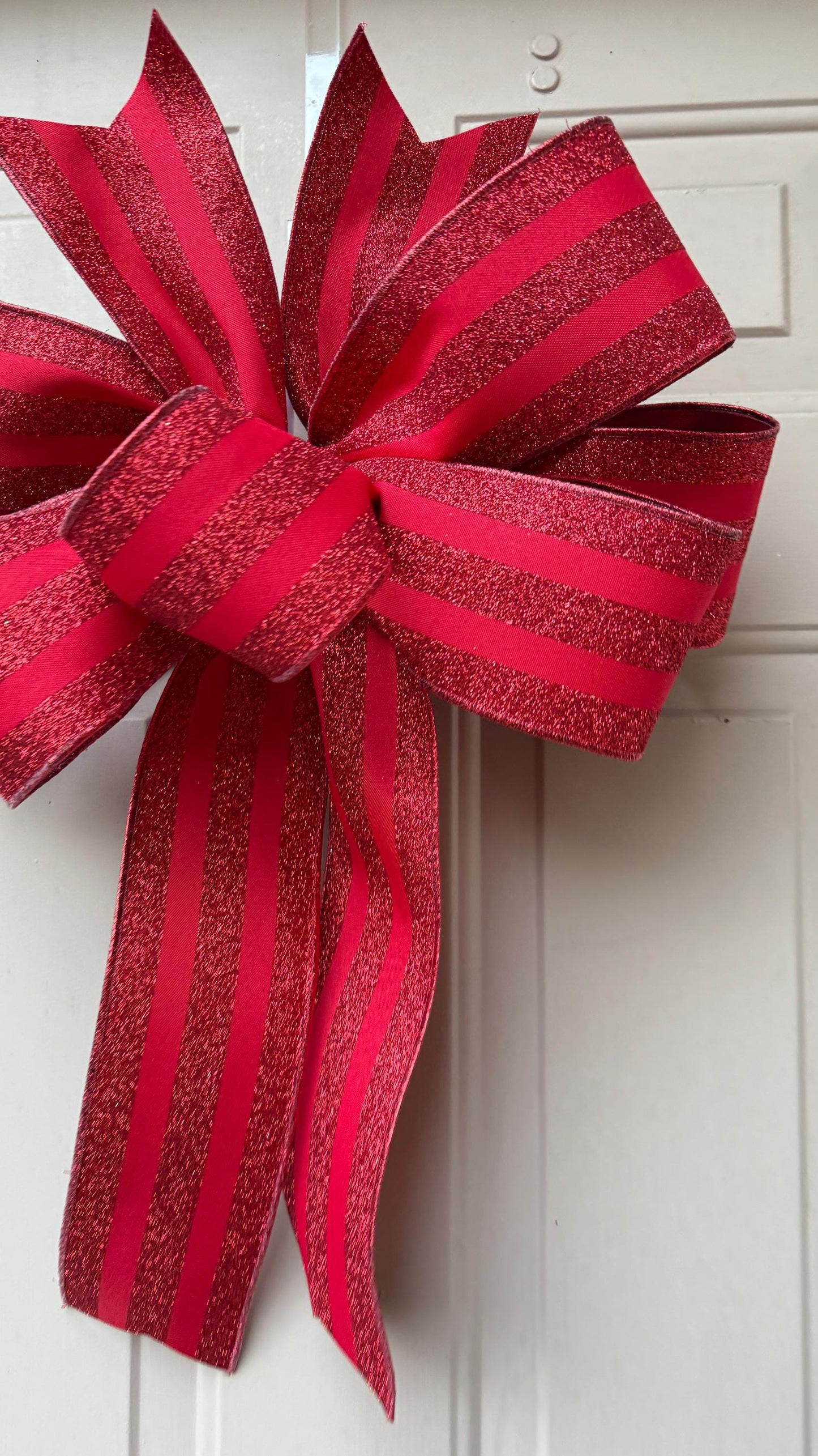 Red Glitter Stripe Christmas Bow, Tree Topper, Holiday Decor