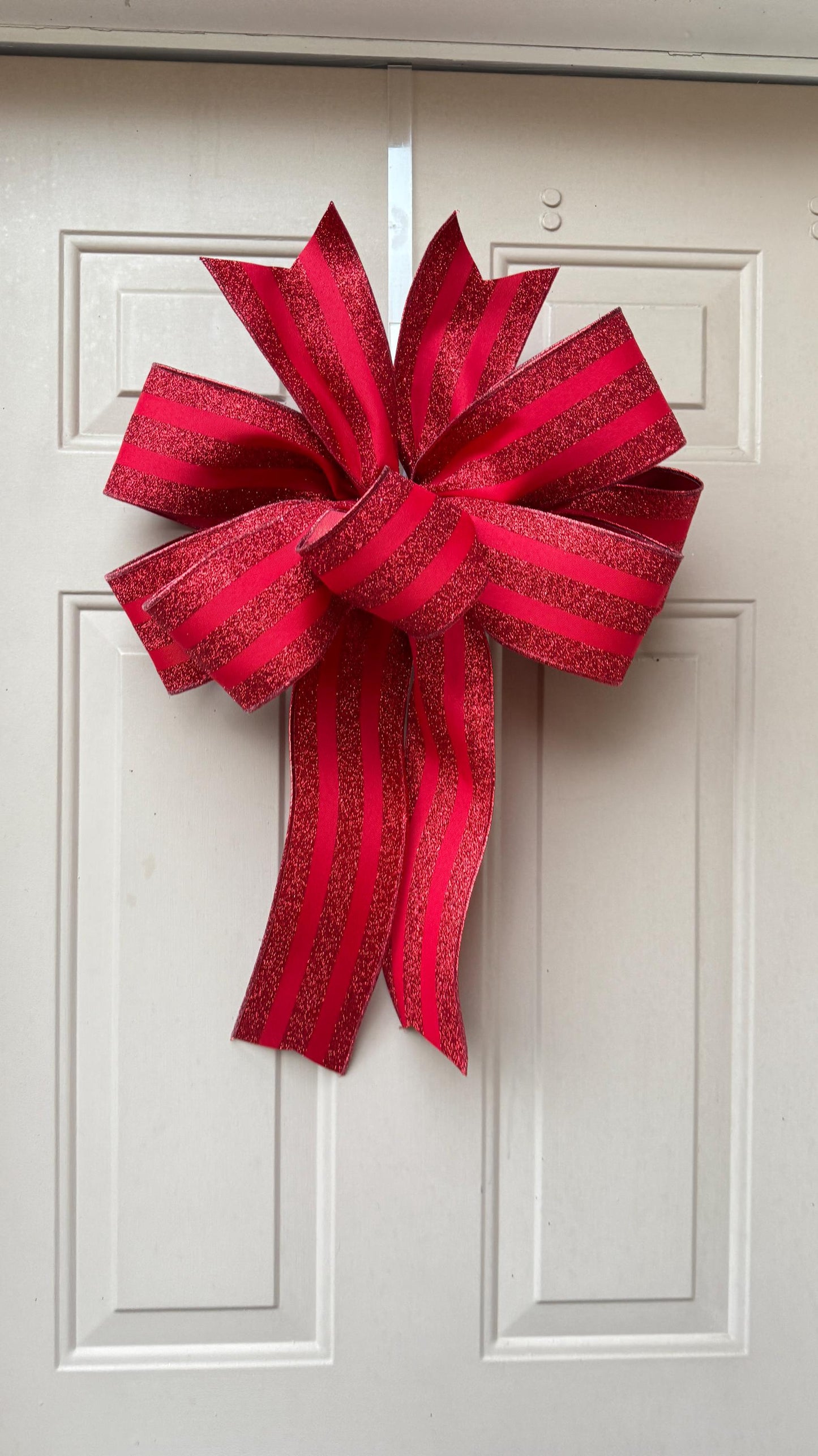 Red Glitter Stripe Christmas Bow, Tree Topper, Holiday Decor