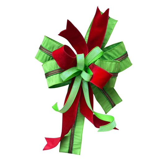 Red Velvet Christmas Bow, Green Glitter Holiday Wreath Decoration