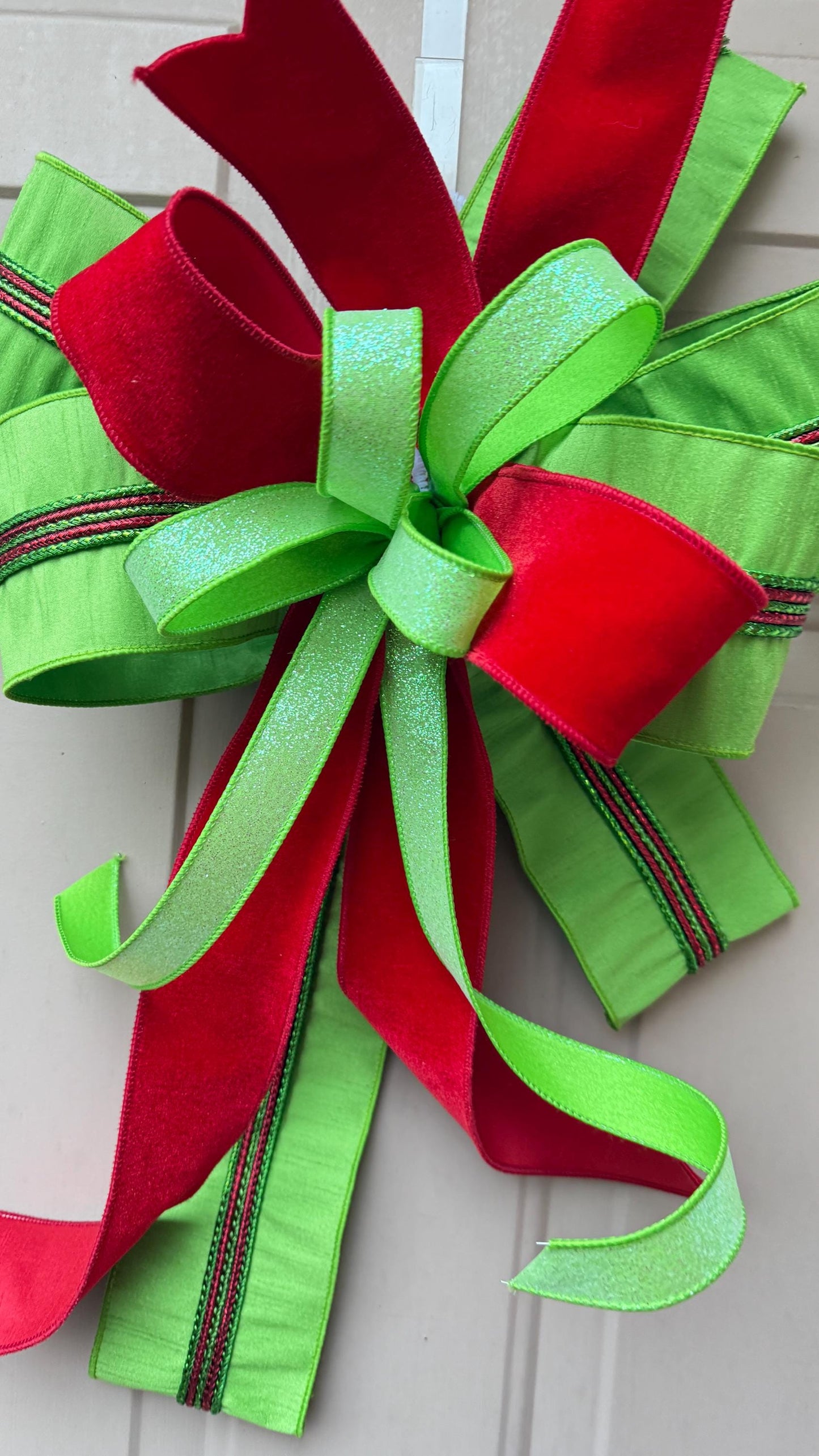 Red Velvet Christmas Bow, Green Glitter Holiday Wreath Decoration