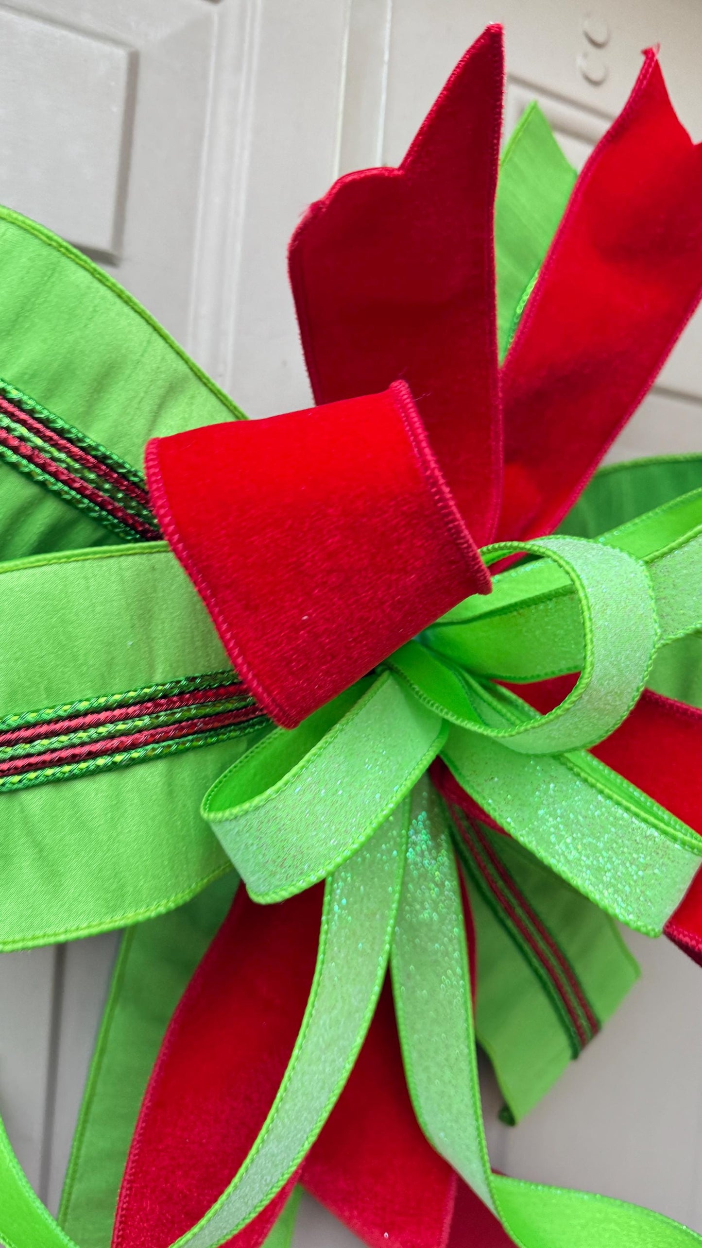 Red Velvet Christmas Bow, Green Glitter Holiday Wreath Decoration