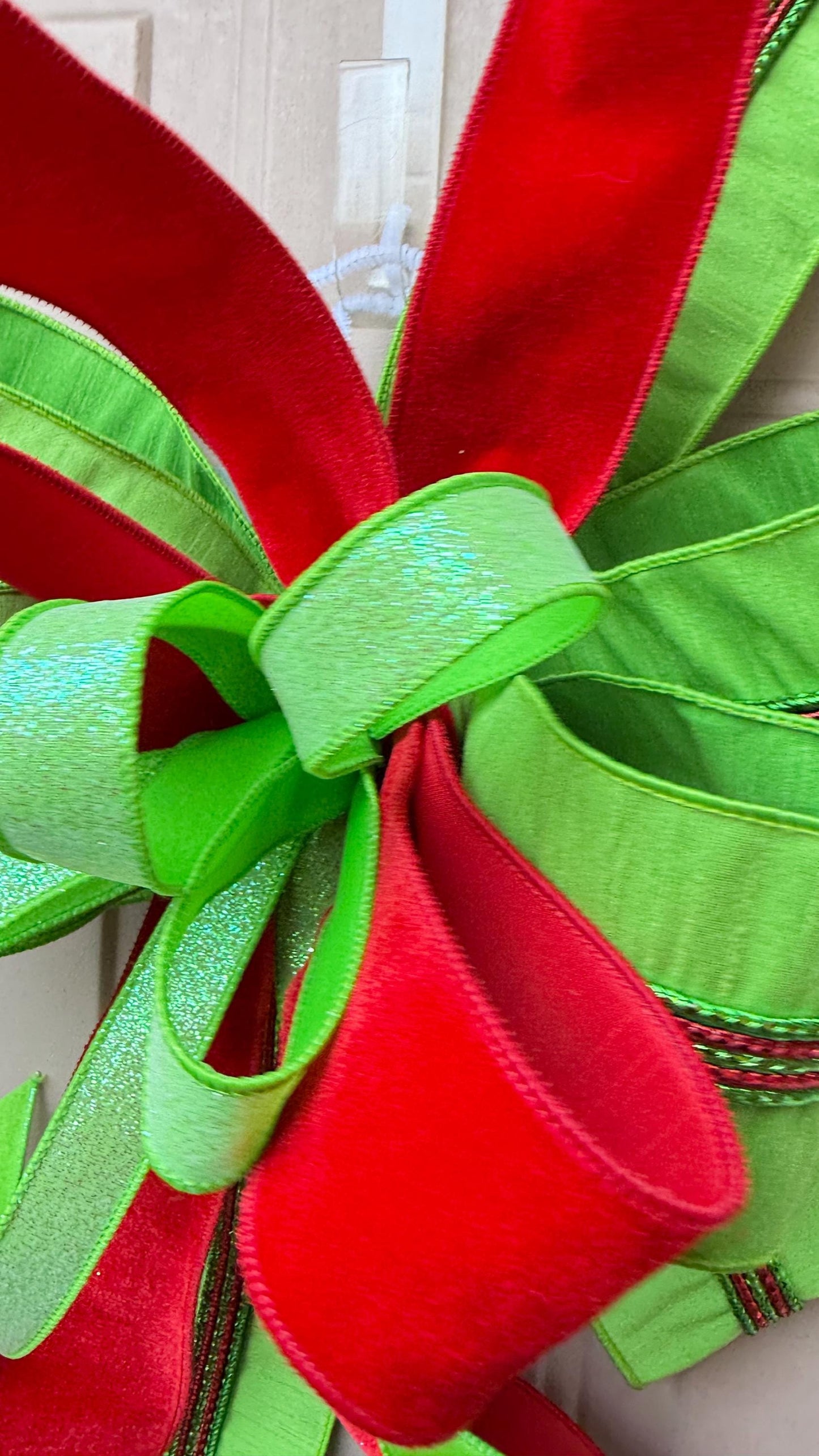 Red Velvet Christmas Bow, Green Glitter Holiday Wreath Decoration