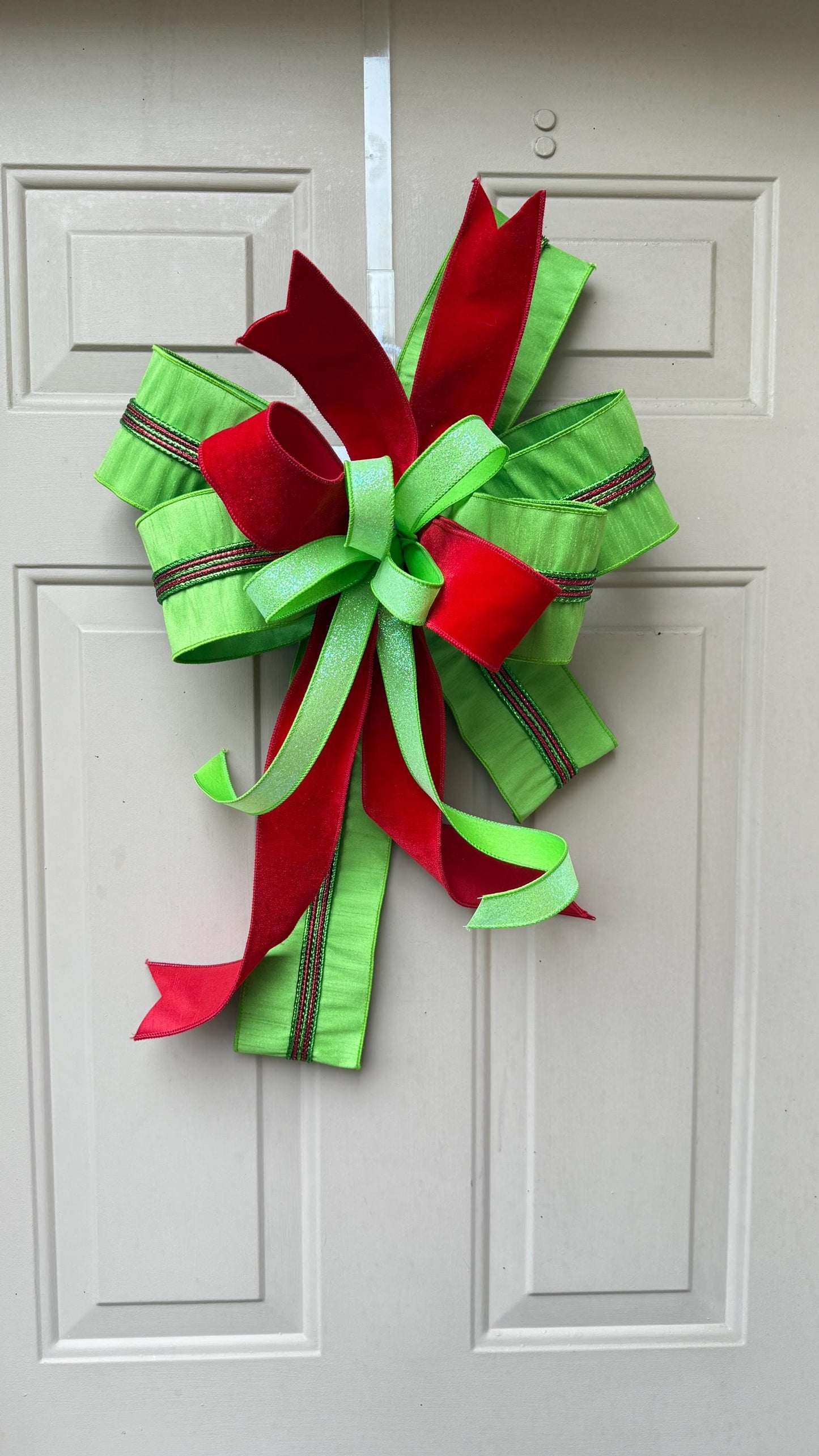 Red Velvet Christmas Bow, Green Glitter Holiday Wreath Decoration