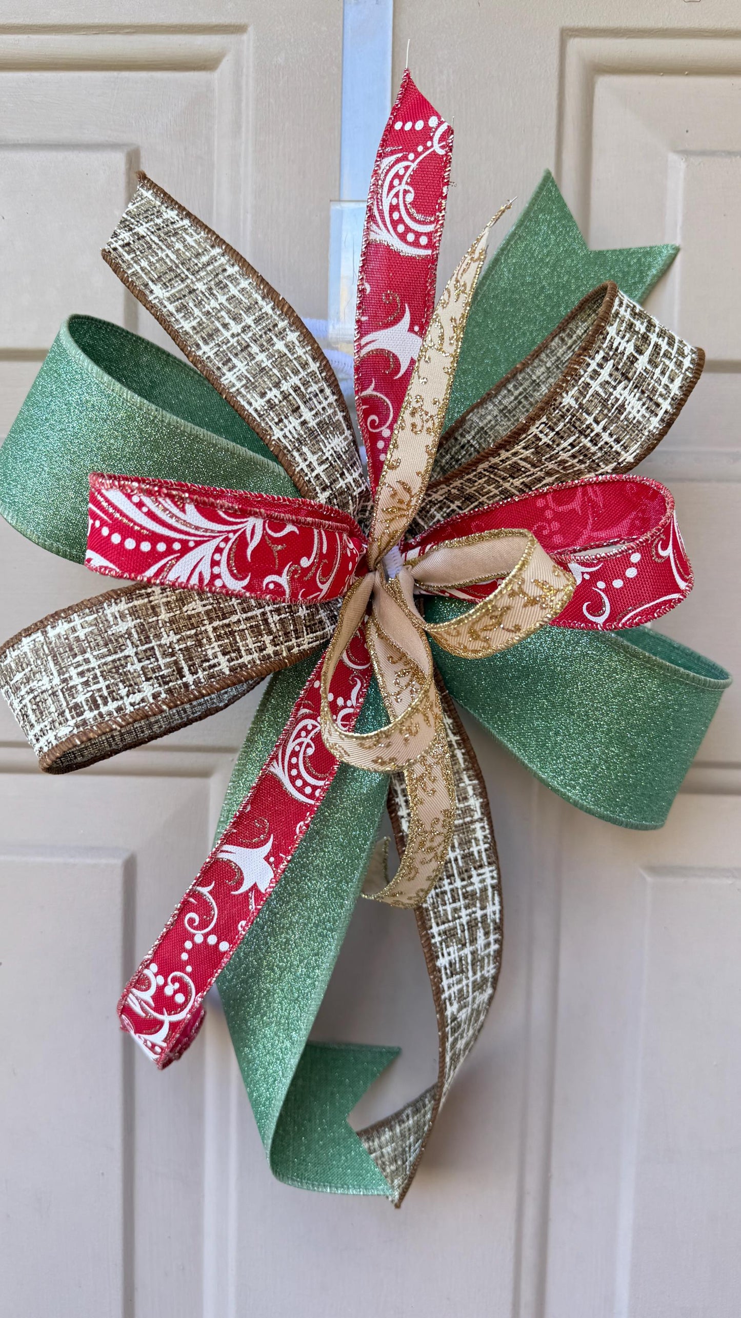 Christmas Bow for Wreath, Red and Green Glitter Bow, Rustic Tree Topper, Holiday Mailbox