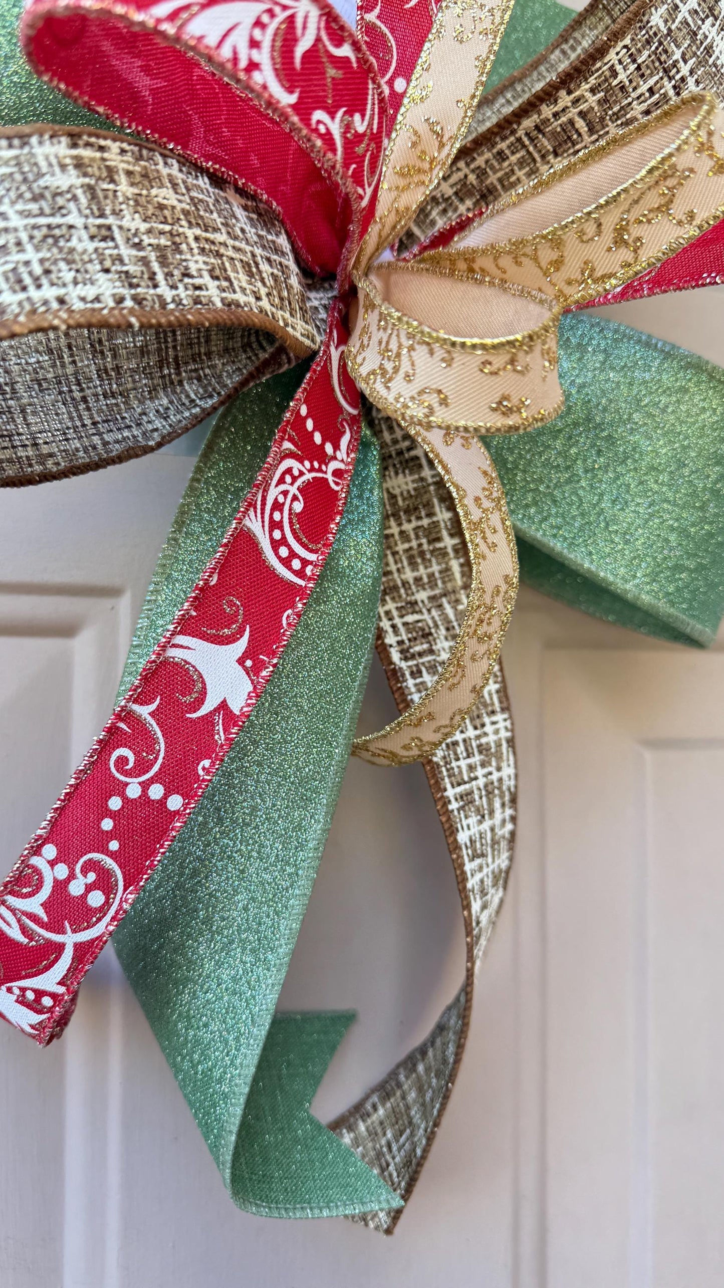 Christmas Bow for Wreath, Red and Green Glitter Bow, Rustic Tree Topper, Holiday Mailbox