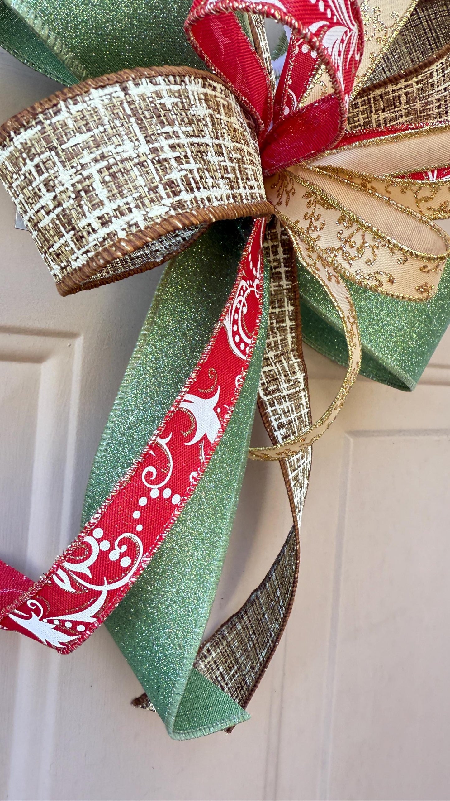 Christmas Bow for Wreath, Red and Green Glitter Bow, Rustic Tree Topper, Holiday Mailbox