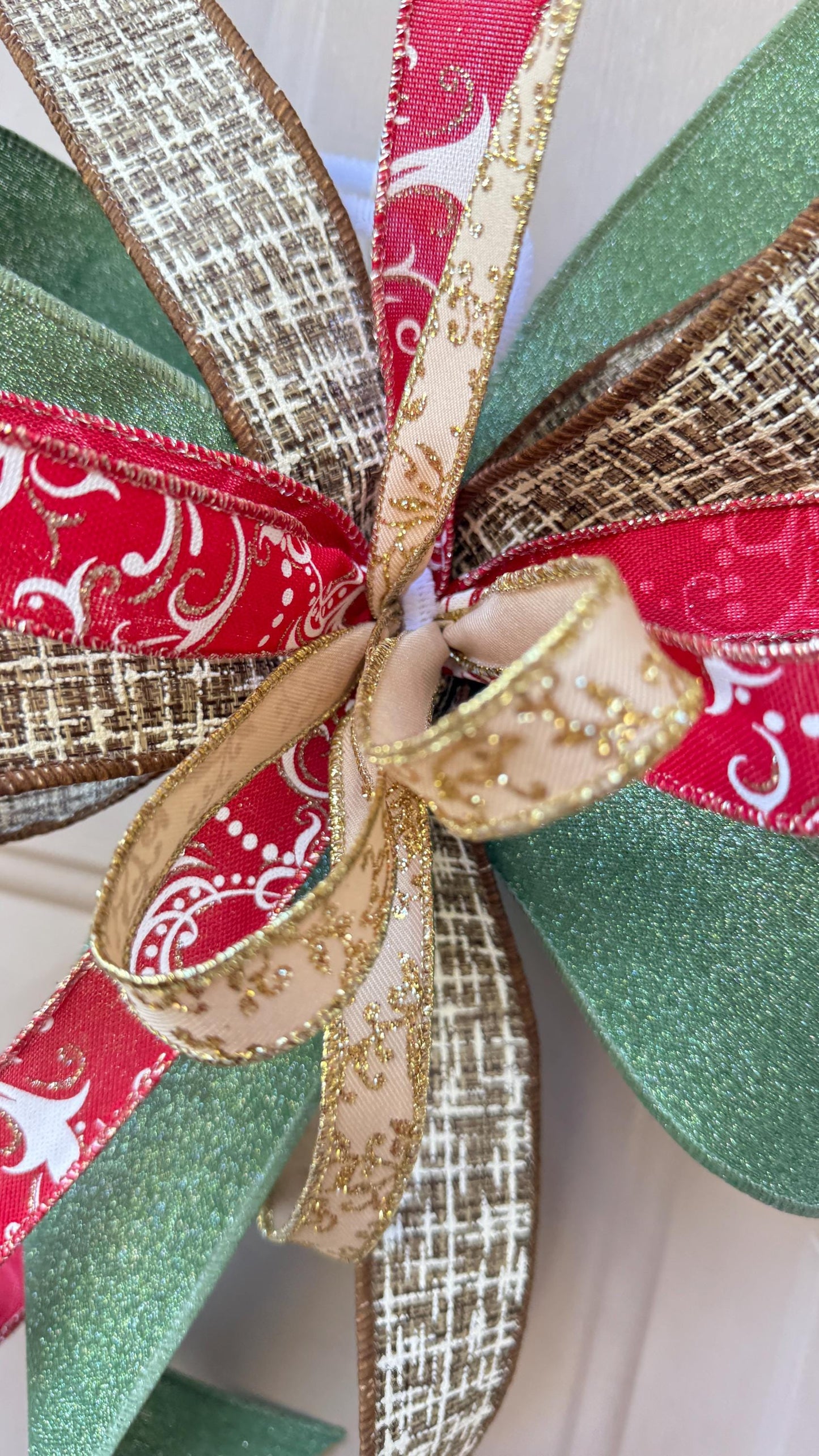 Christmas Bow for Wreath, Red and Green Glitter Bow, Rustic Tree Topper, Holiday Mailbox