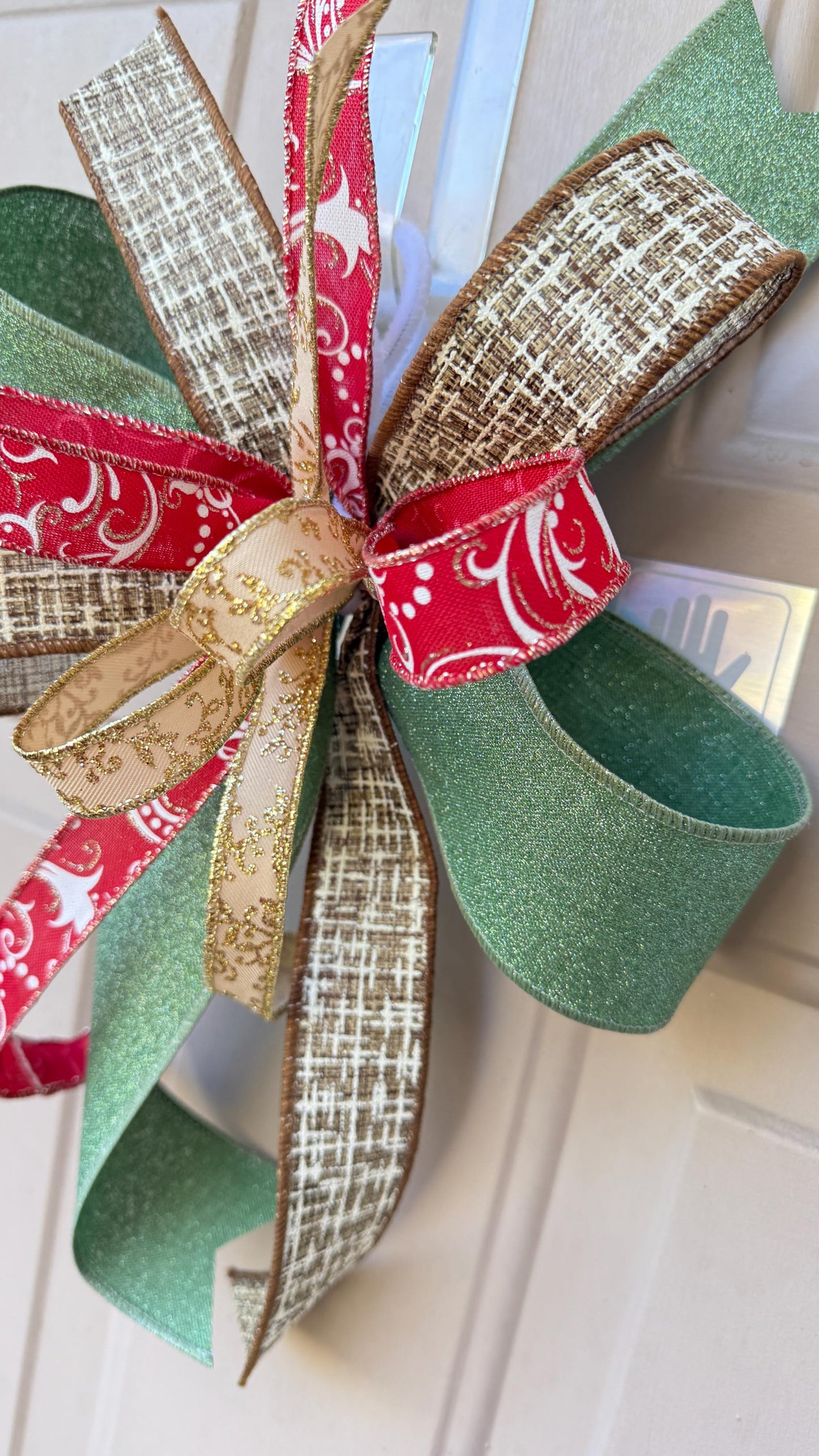 Christmas Bow for Wreath, Red and Green Glitter Bow, Rustic Tree Topper, Holiday Mailbox