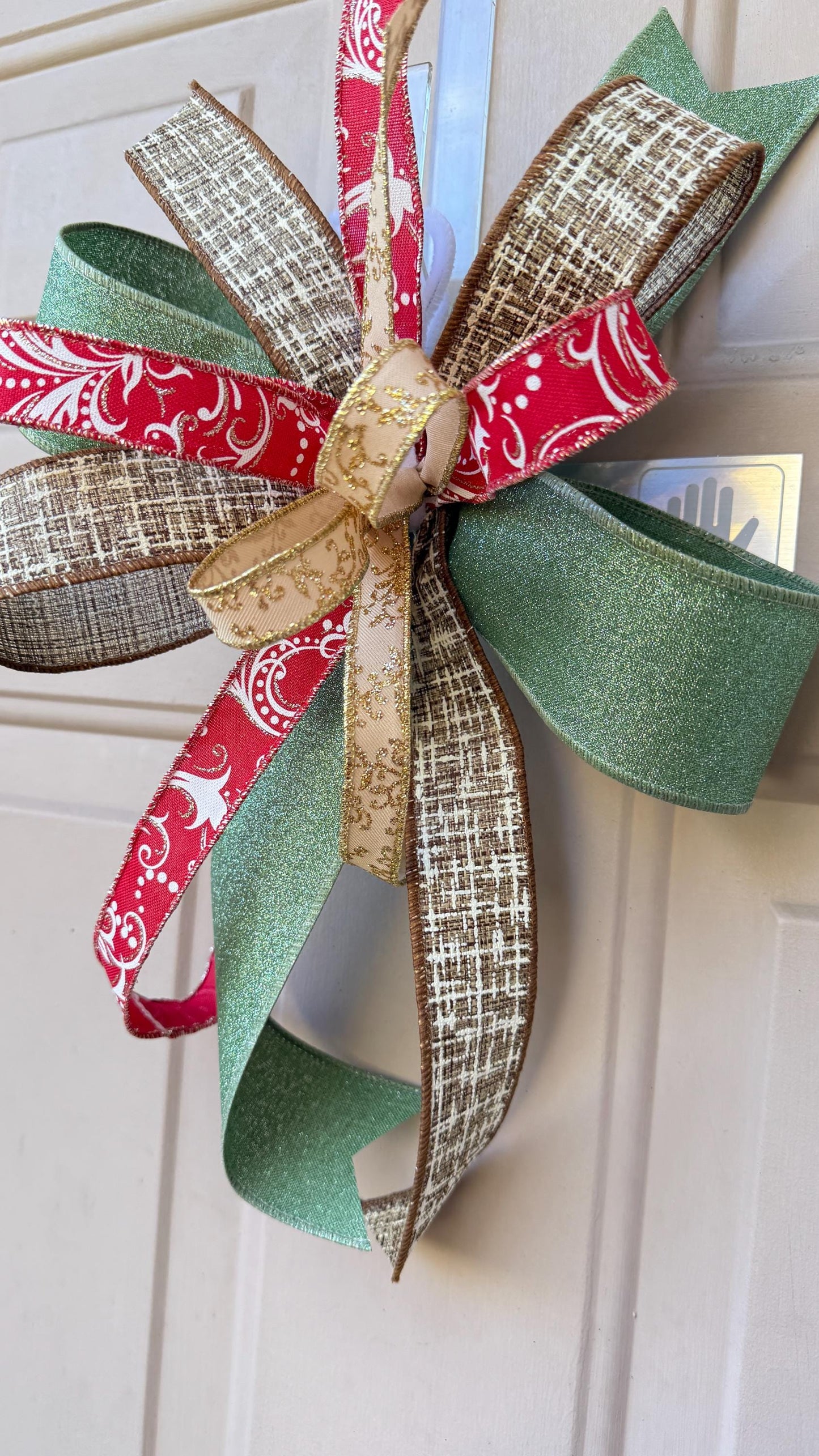 Christmas Bow for Wreath, Red and Green Glitter Bow, Rustic Tree Topper, Holiday Mailbox