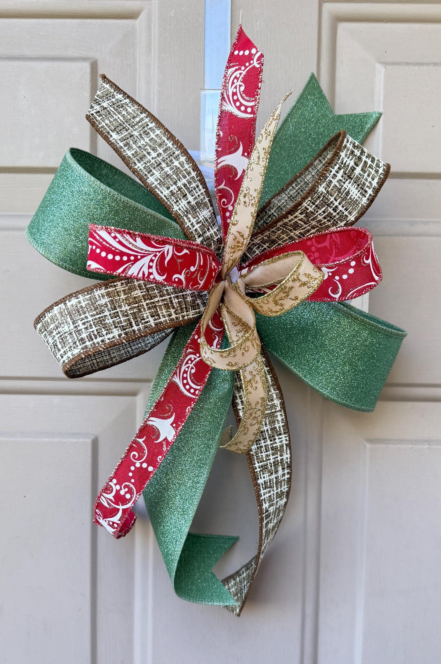 Christmas Bow for Wreath, Red and Green Glitter Bow, Rustic Tree Topper, Holiday Mailbox