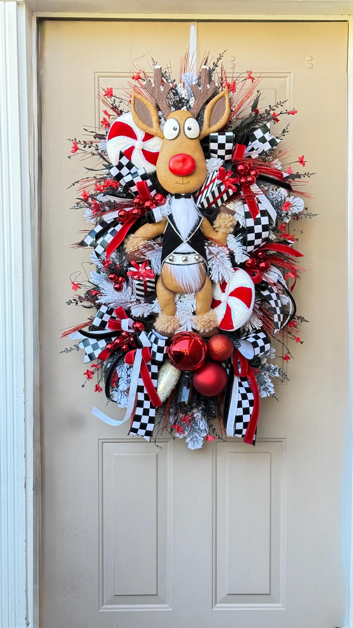 XL Red  Black Reindeer Christmas Swag  Designer Holiday Door piece