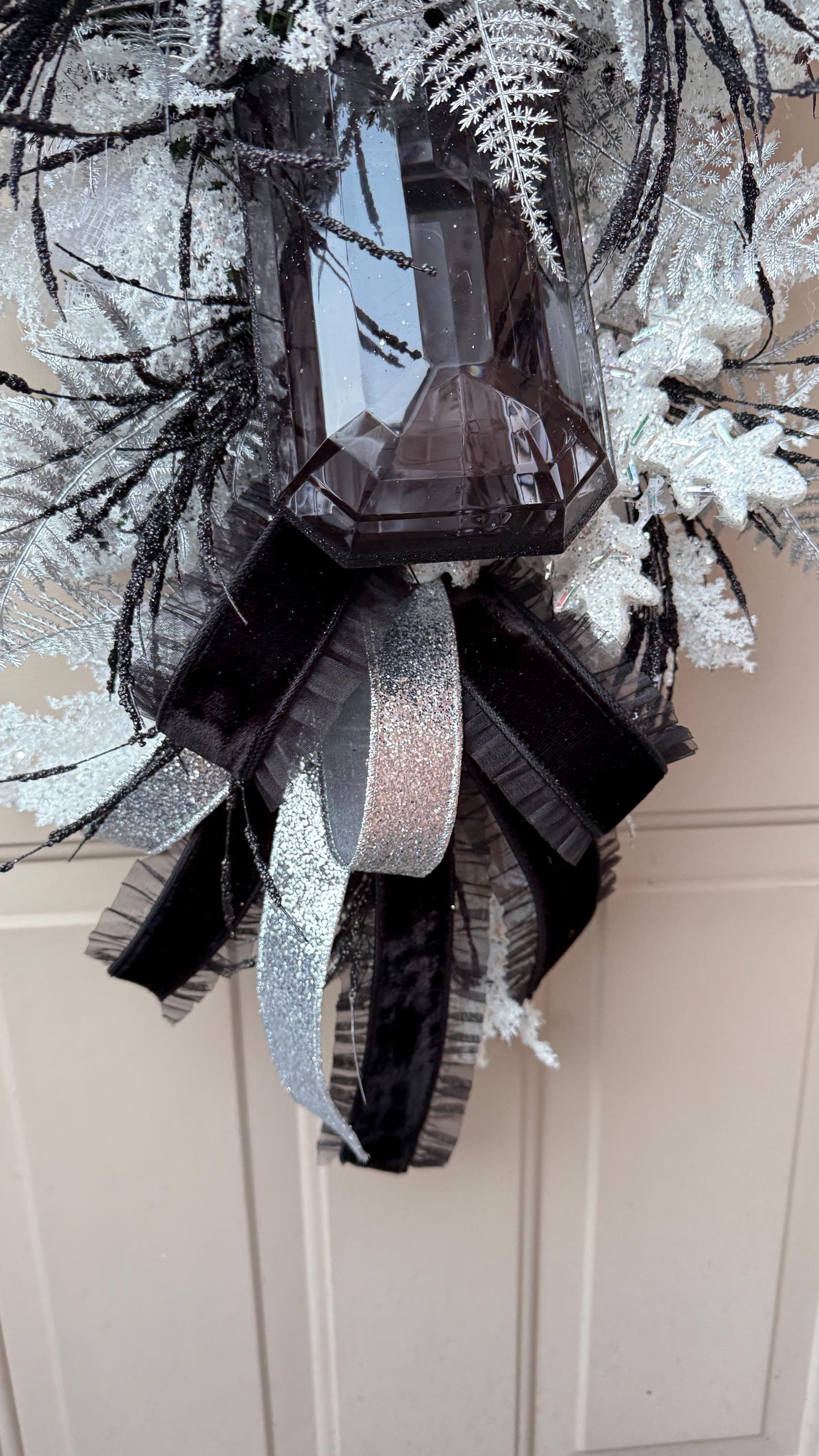 Extra Large Black White Silver Winter Swag with Farrisilk Ribbon and Gems