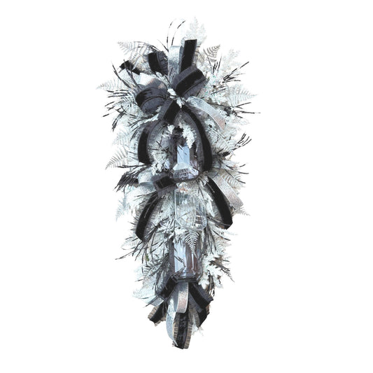 Extra Large Black White Silver Winter Swag with Farrisilk Ribbon and Gems