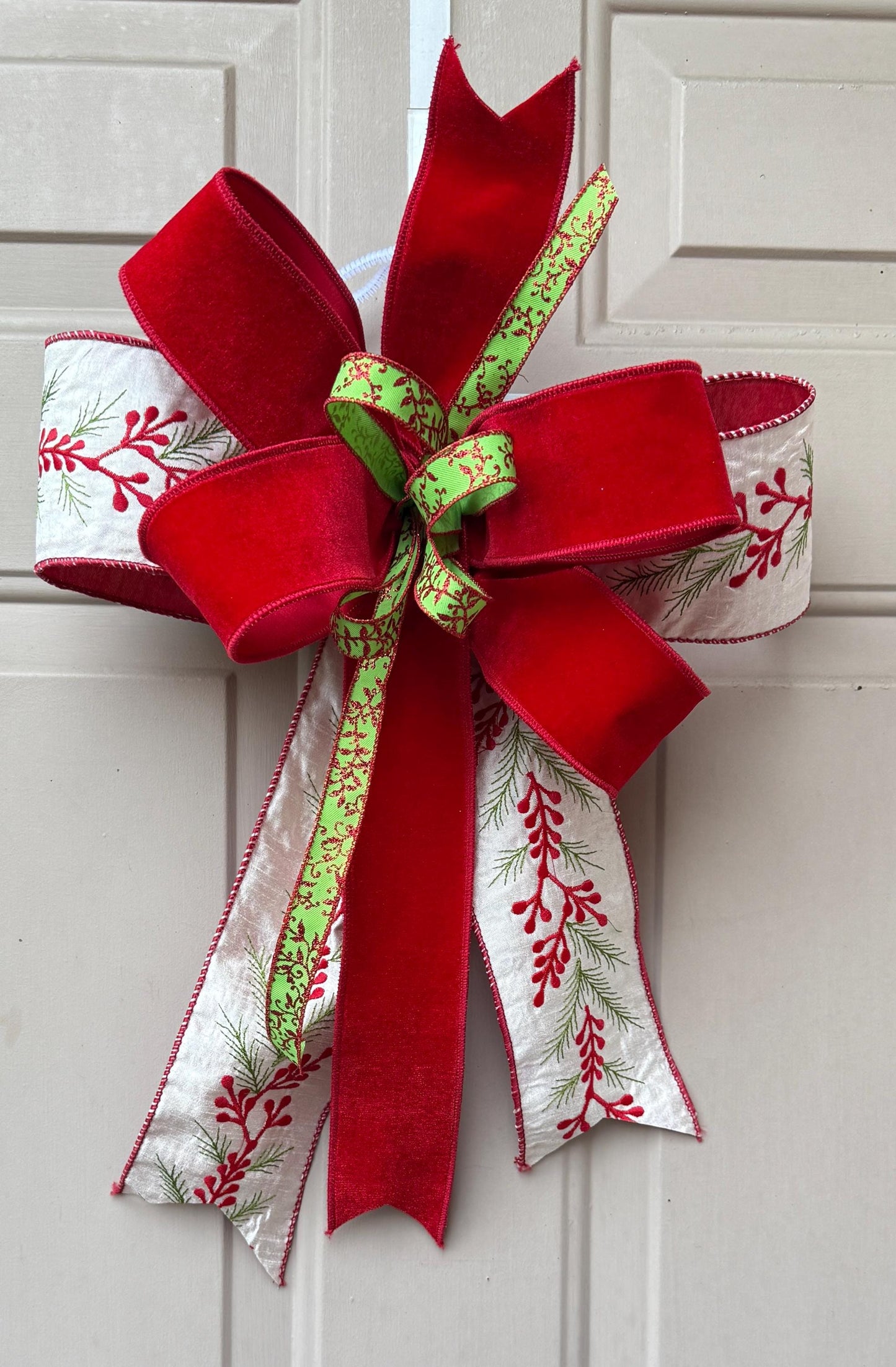 Velvet Christmas Bow for Wreath, Red White Green Holiday Bow with Pine Print