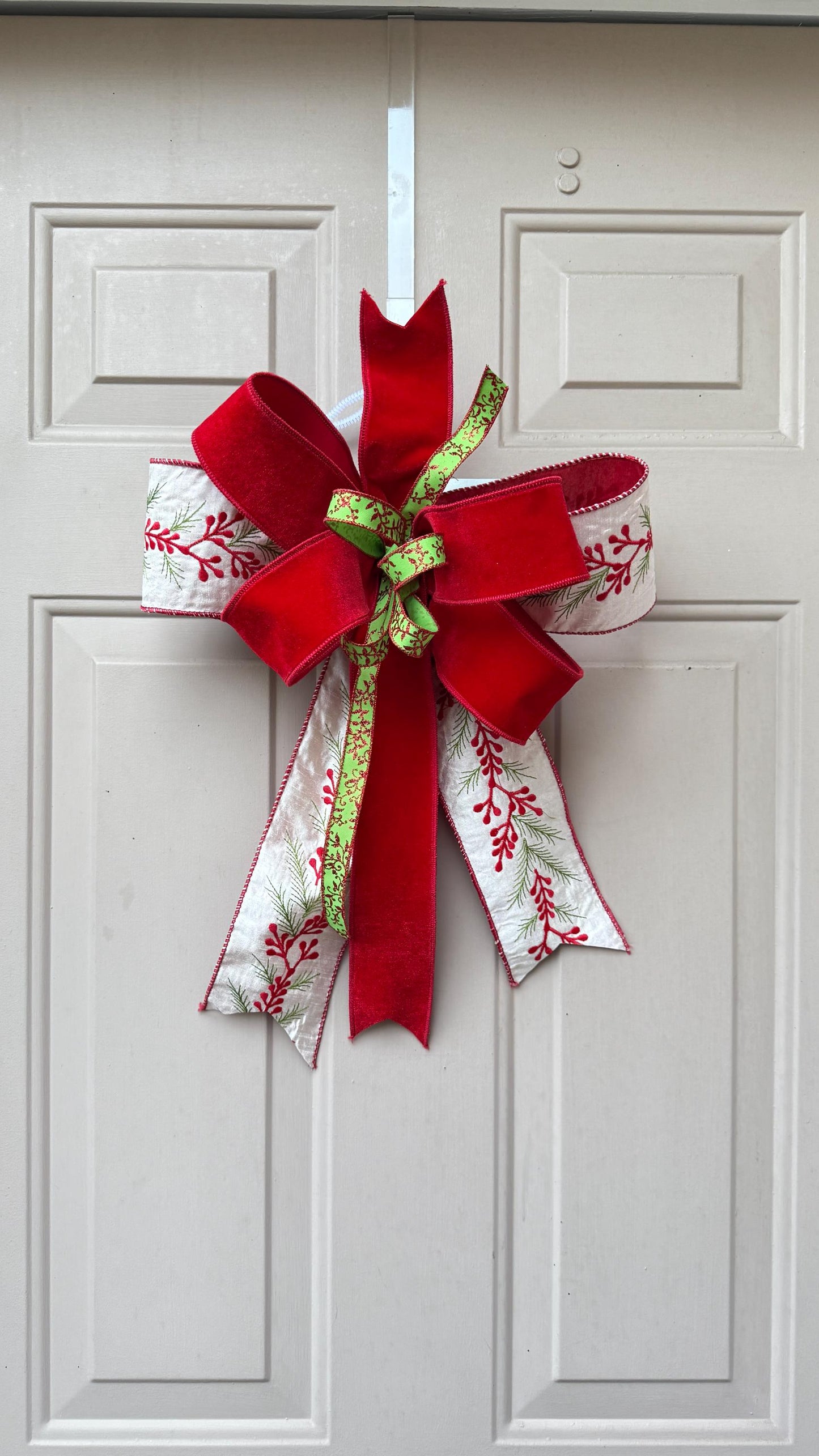 Velvet Christmas Bow for Wreath, Red White Green Holiday Bow with Pine Print