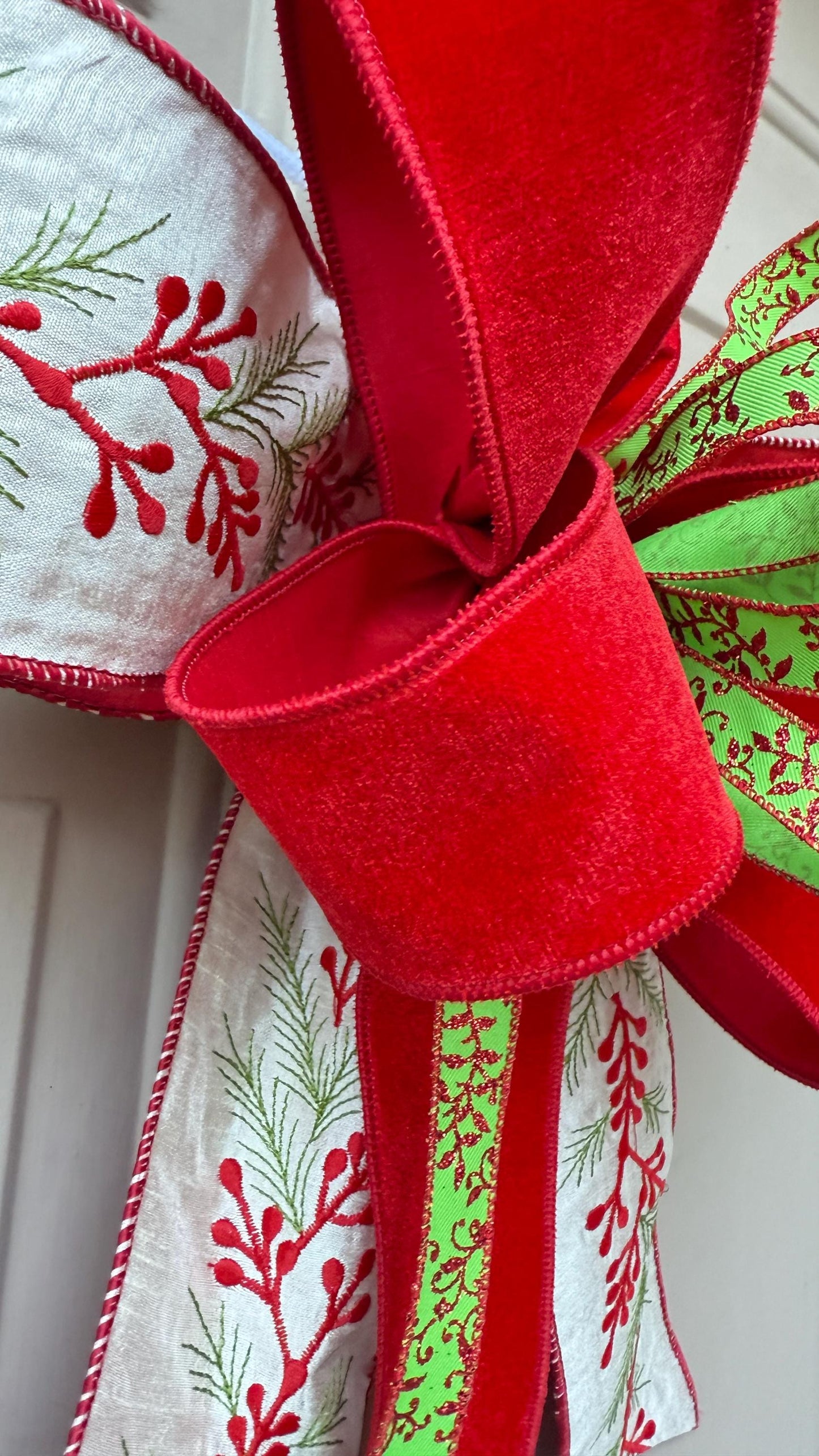 Velvet Christmas Bow for Wreath, Red White Green Holiday Bow with Pine Print