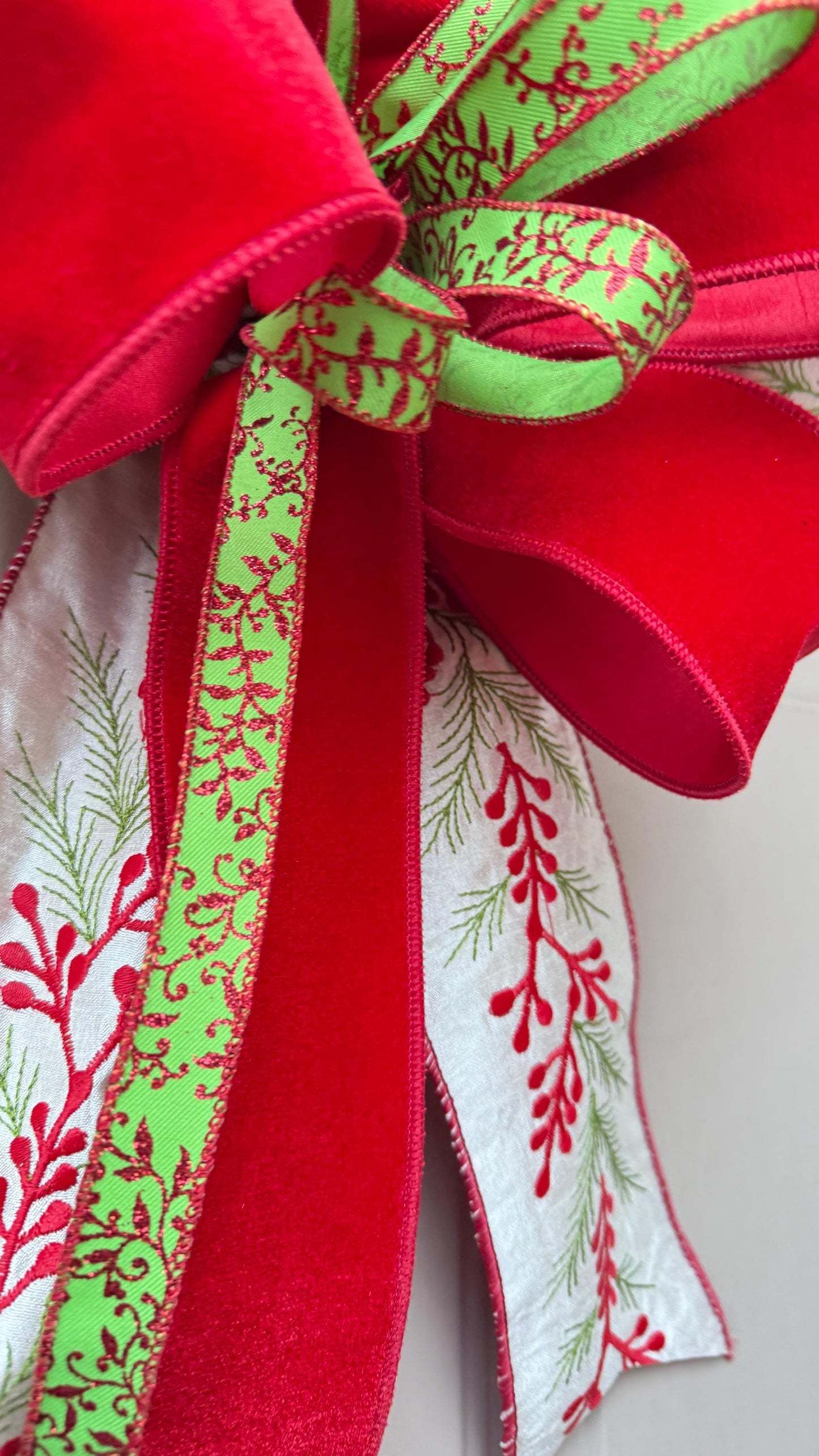 Velvet Christmas Bow for Wreath, Red White Green Holiday Bow with Pine Print