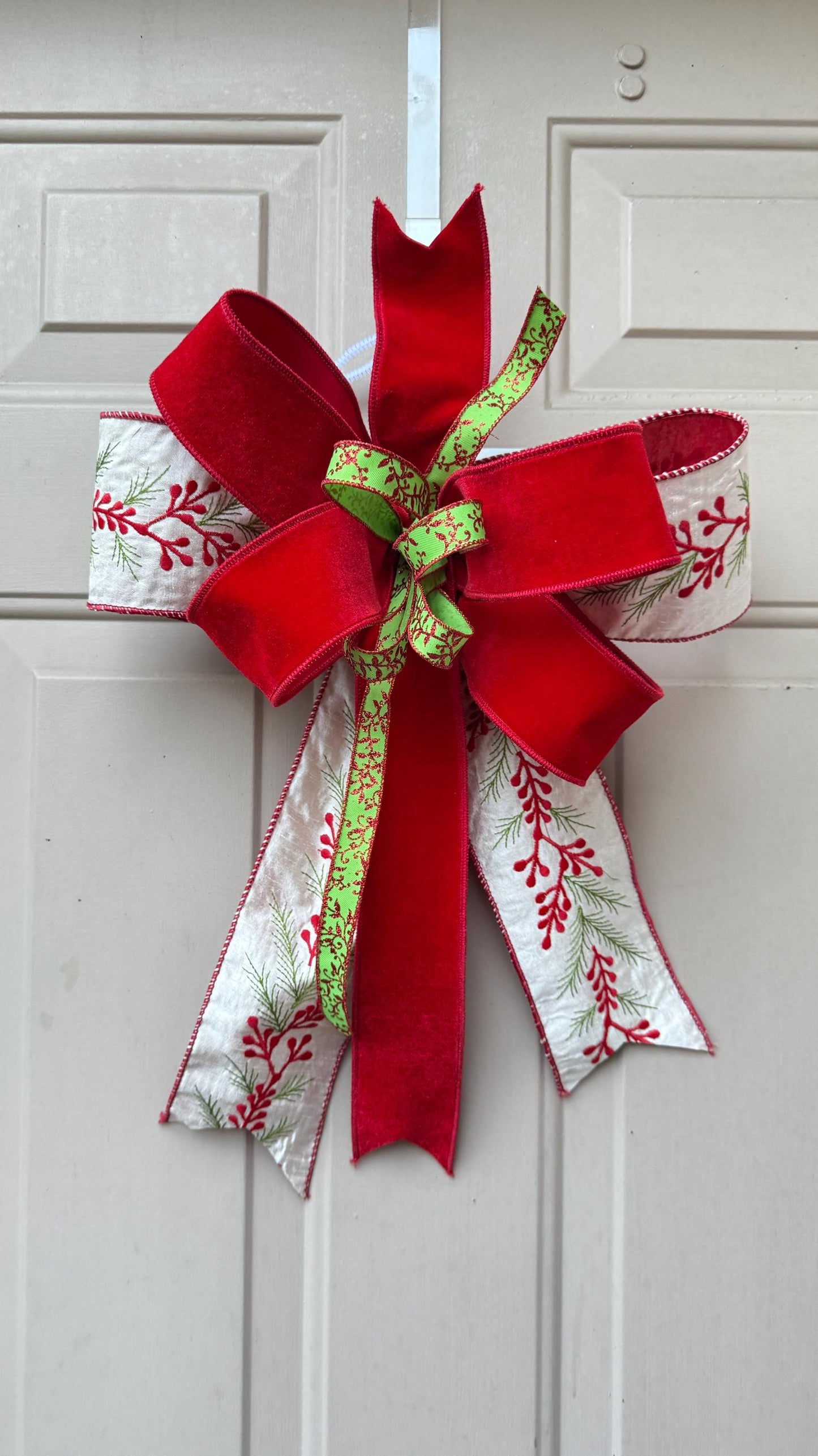 Velvet Christmas Bow for Wreath, Red White Green Holiday Bow with Pine Print