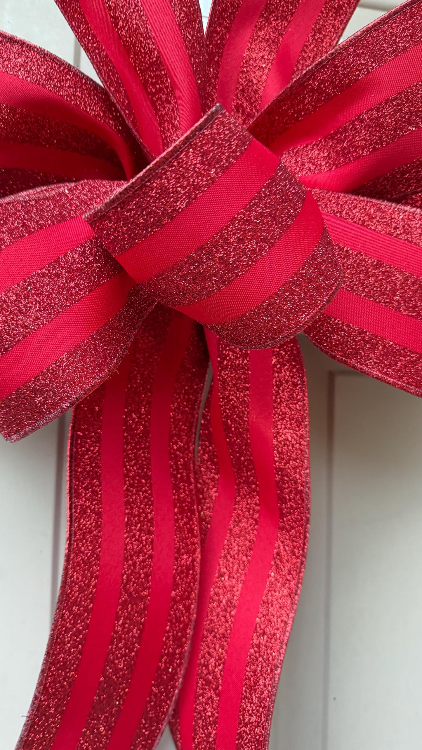 Red Glitter Stripe Christmas Bow, Tree Topper, Holiday Decor