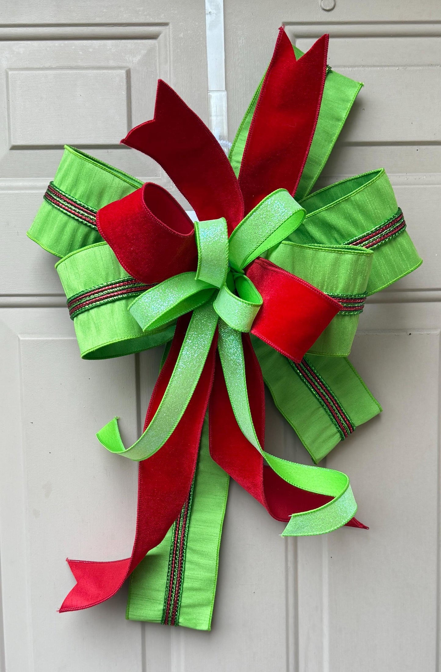 Red Velvet Christmas Bow, Green Glitter Holiday Wreath Decoration