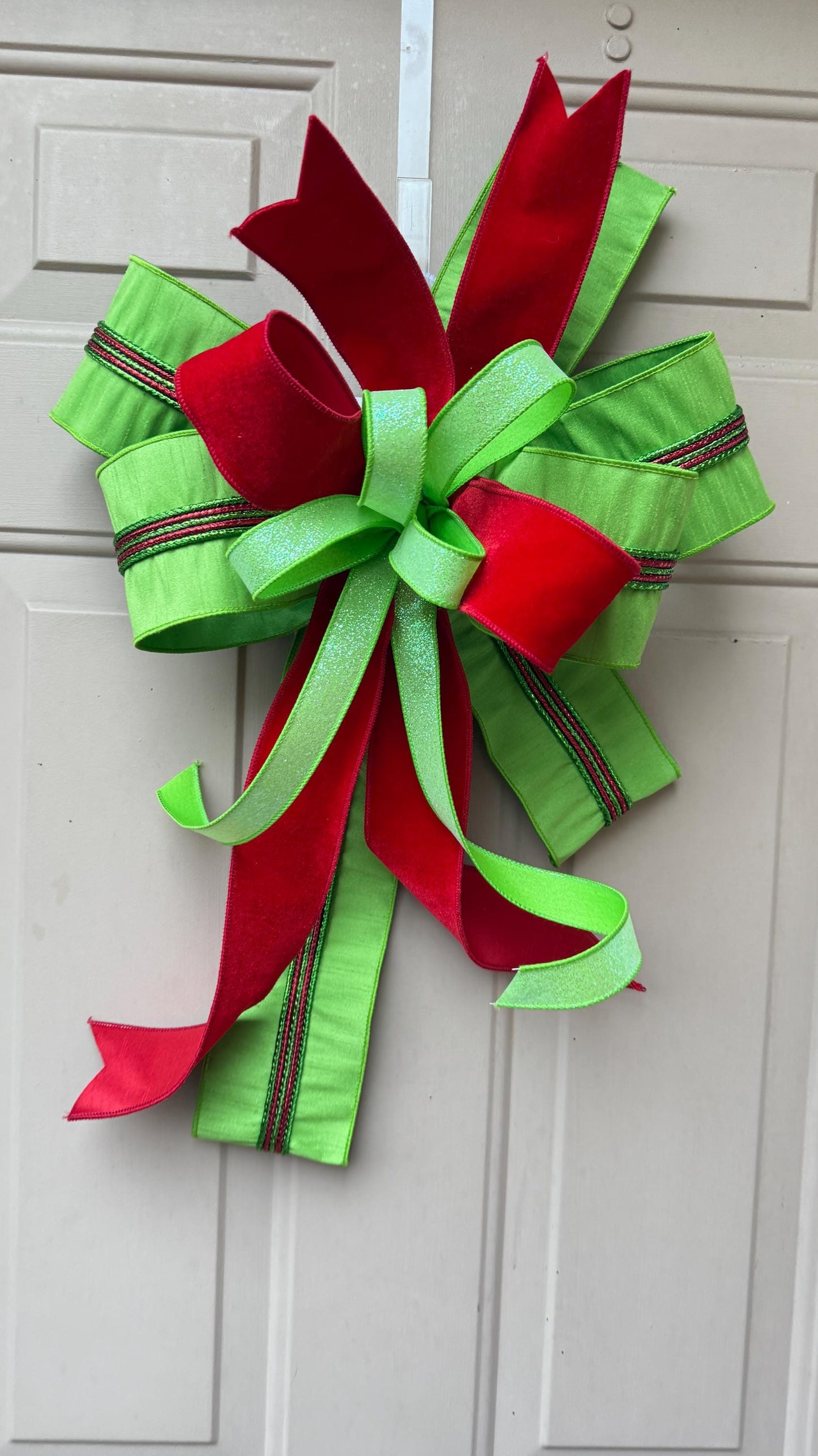 Red Velvet Christmas Bow, Green Glitter Holiday Wreath Decoration