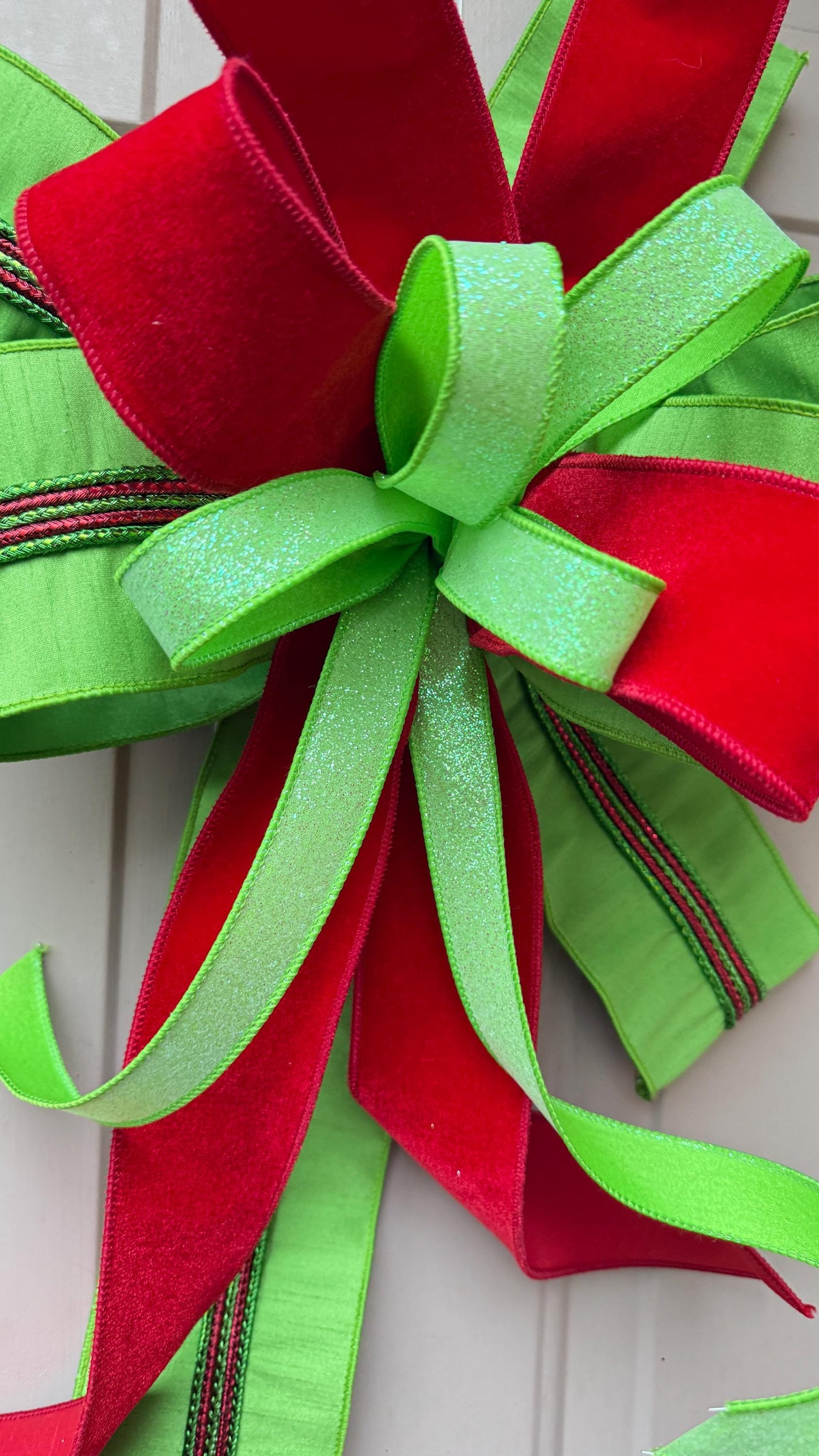 Red Velvet Christmas Bow, Green Glitter Holiday Wreath Decoration