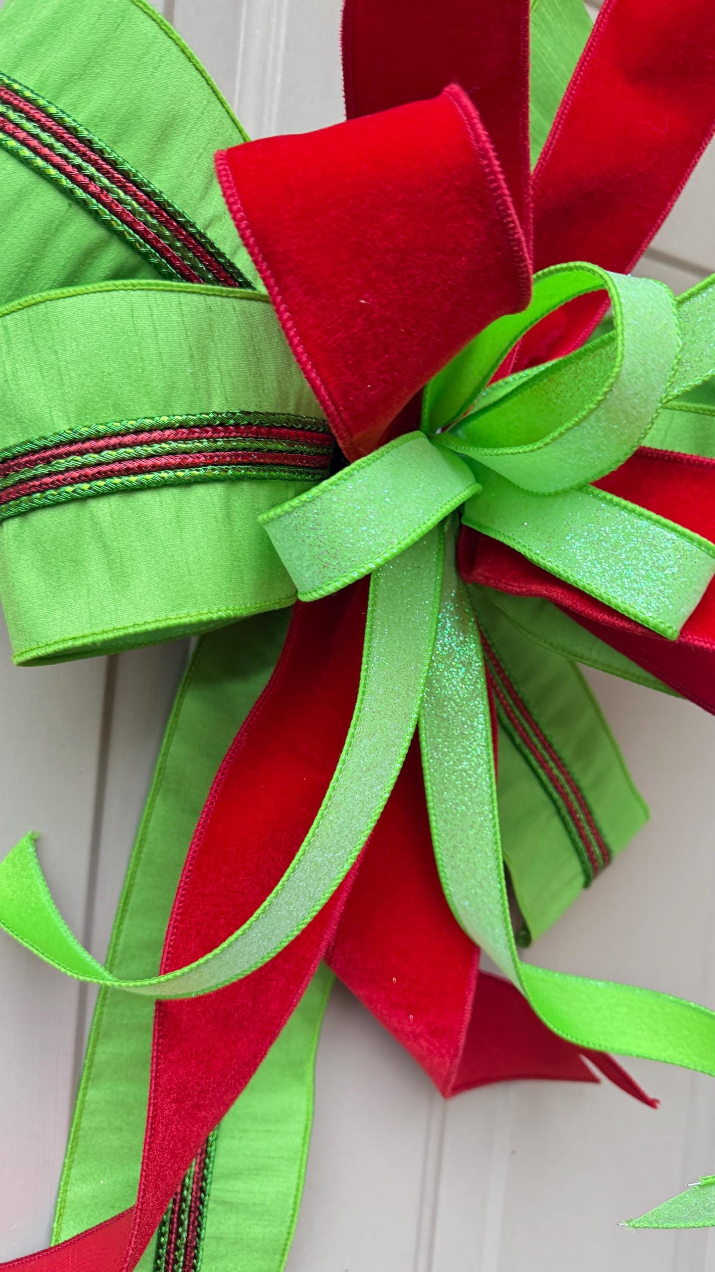 Red Velvet Christmas Bow, Green Glitter Holiday Wreath Decoration