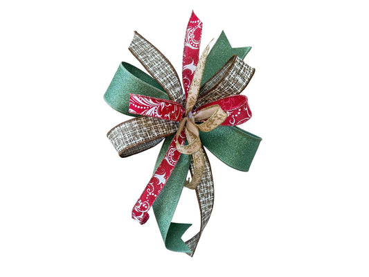 Christmas Bow for Wreath, Red and Green Glitter Bow, Rustic Tree Topper, Holiday Mailbox