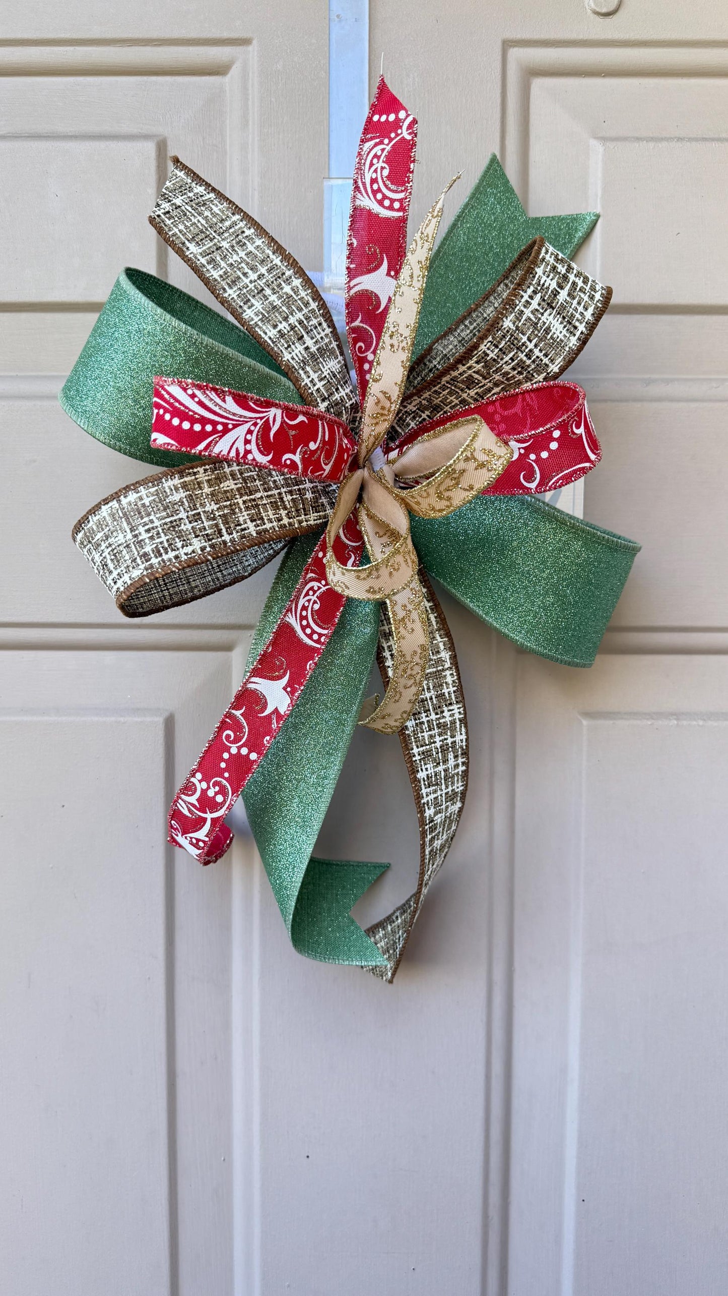 Christmas Bow for Wreath, Red and Green Glitter Bow, Rustic Tree Topper, Holiday Mailbox