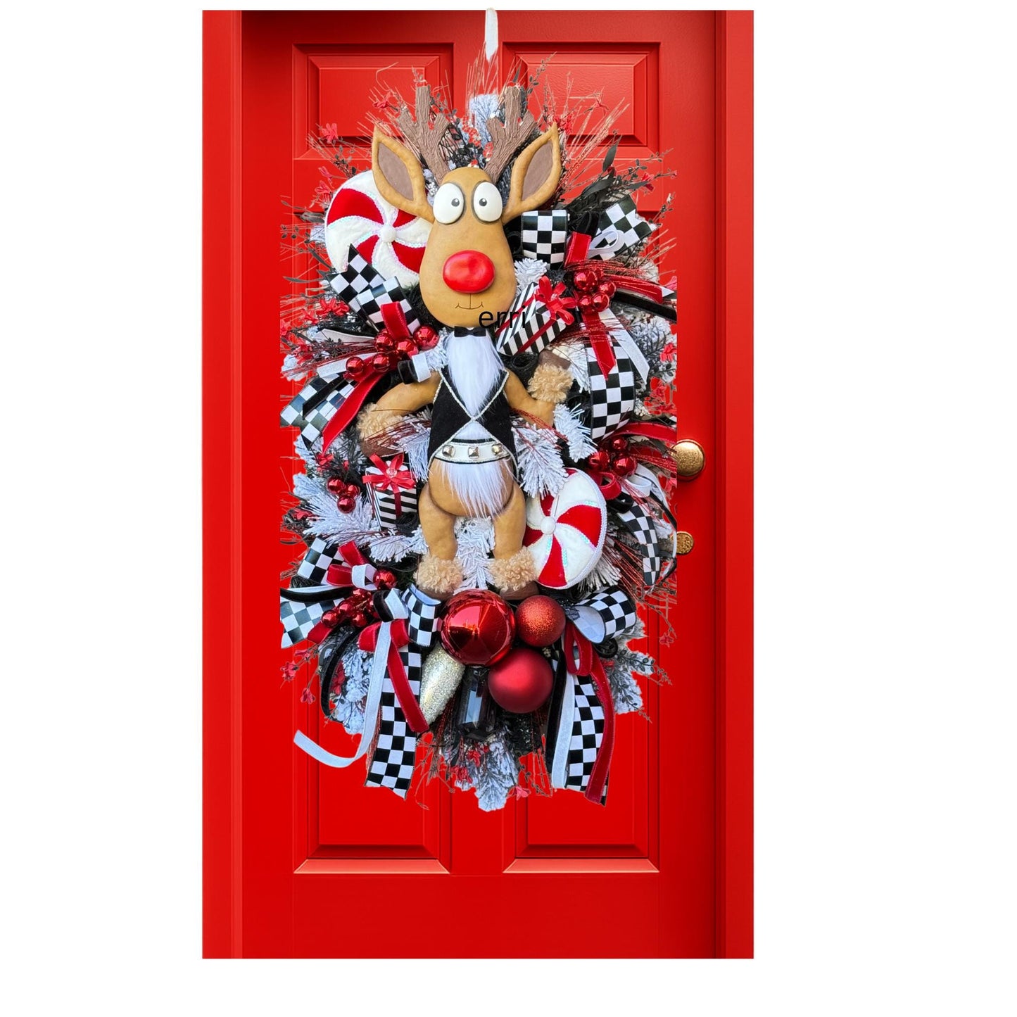 XL Red  Black Reindeer Christmas Swag  Designer Holiday Door piece