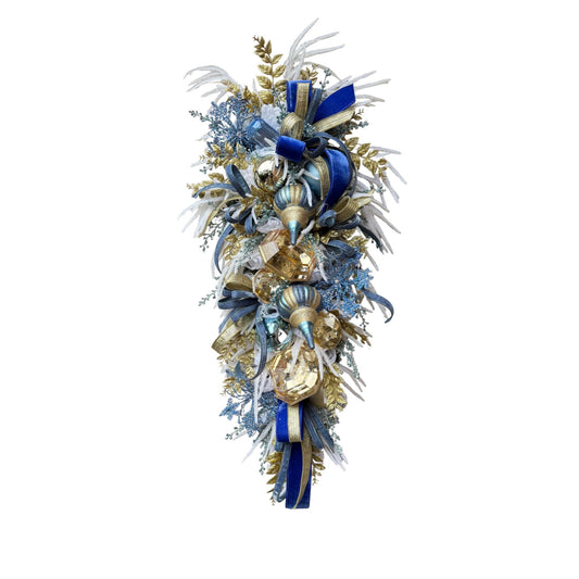 Extra Large Blue Winter Swag with Gems, Designer Christmas Door Swag, Luxury Holiday Decor