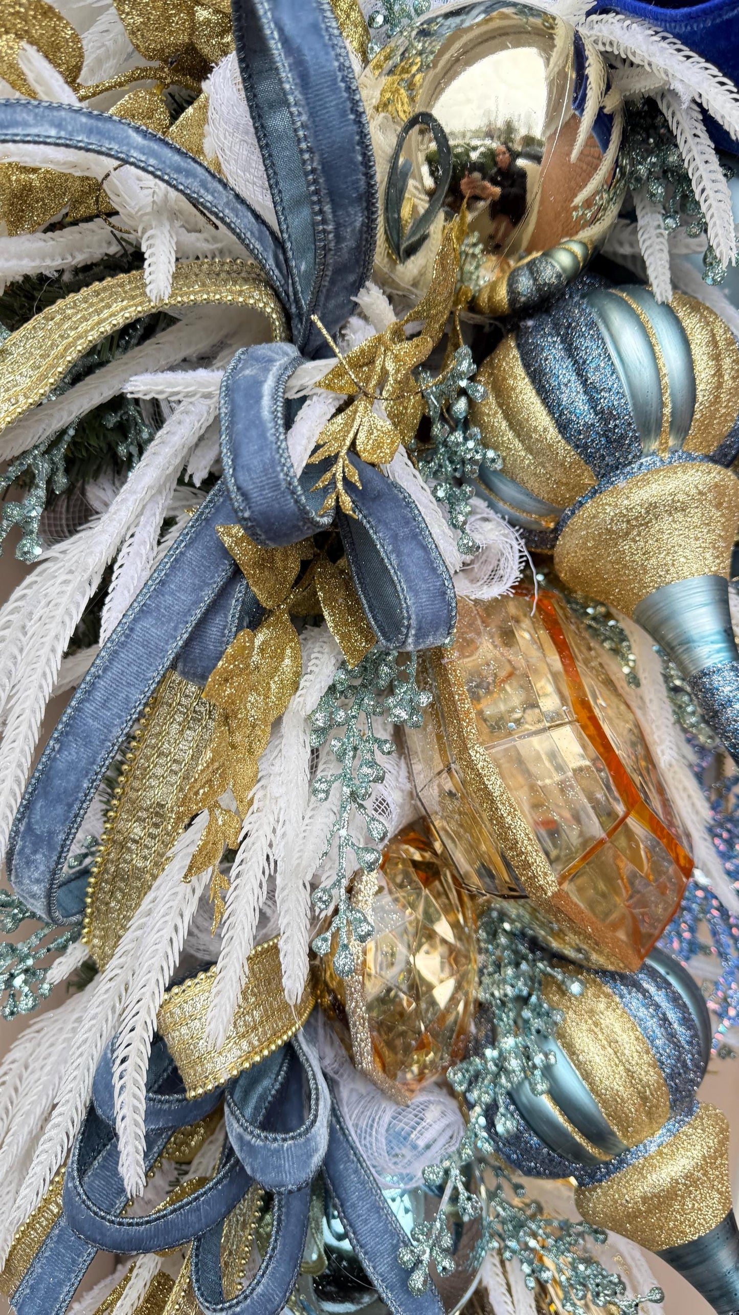 Extra Large Blue Winter Swag with Gems, Designer Christmas Door Swag, Luxury Holiday Decor