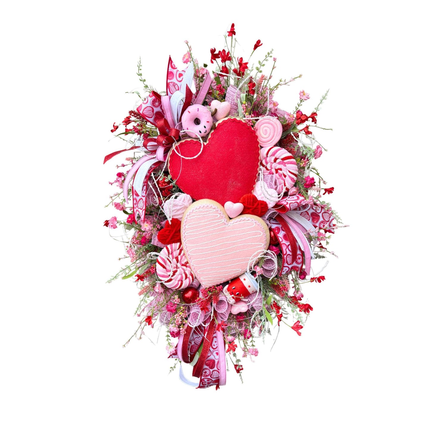 Valentine’s Day Heart Wreath with Candy Accents, Pink Red Deco Mesh Door Decor, Sweetheart Plush Wreath