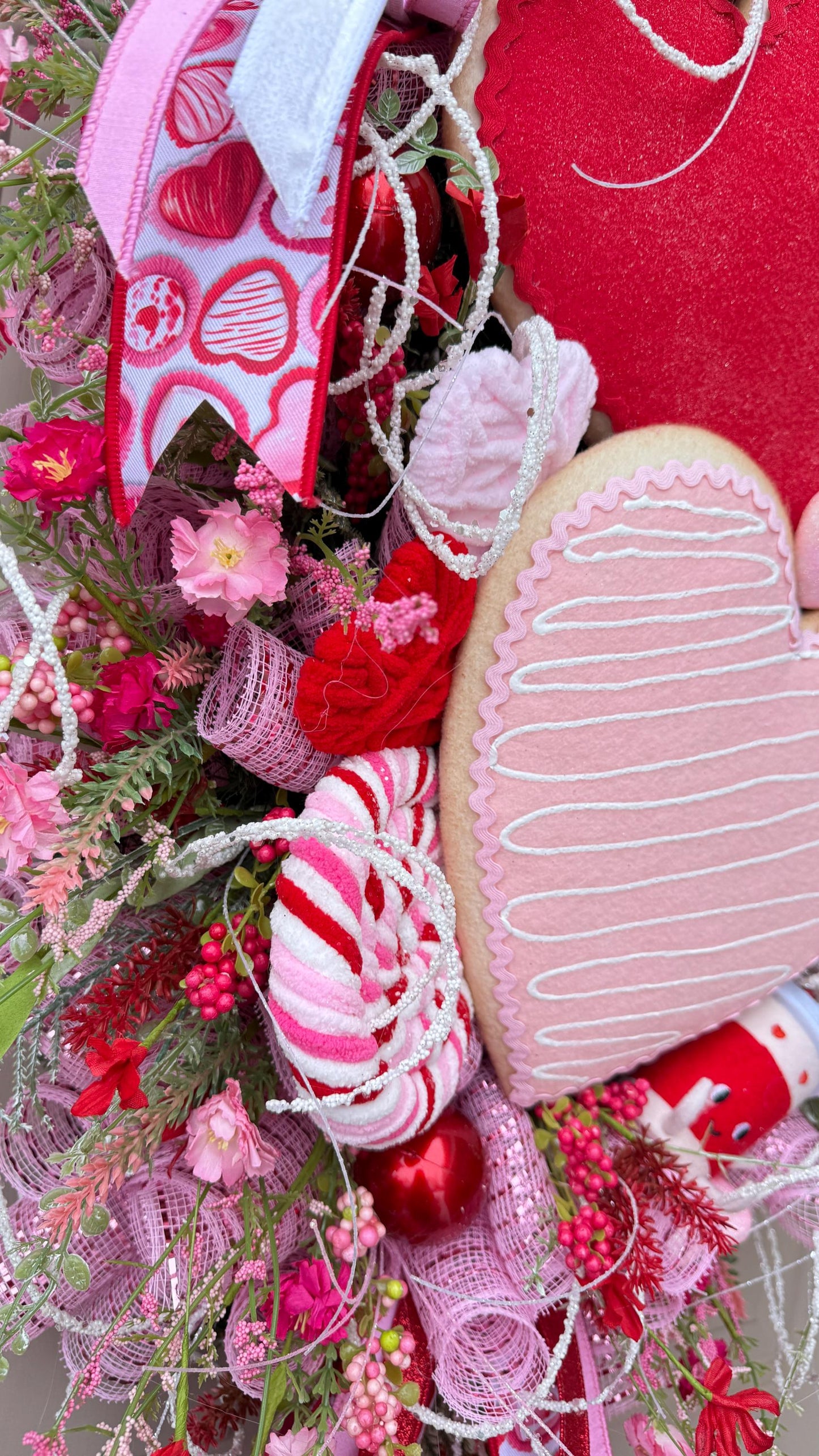 Valentine’s Day Heart Wreath with Candy Accents, Pink Red Deco Mesh Door Decor, Sweetheart Plush Wreath