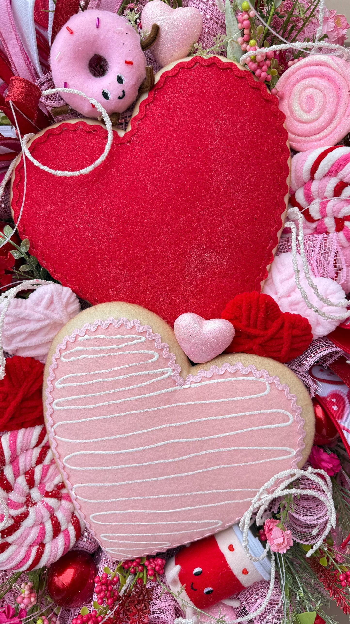 Valentine’s Day Heart Wreath with Candy Accents, Pink Red Deco Mesh Door Decor, Sweetheart Plush Wreath