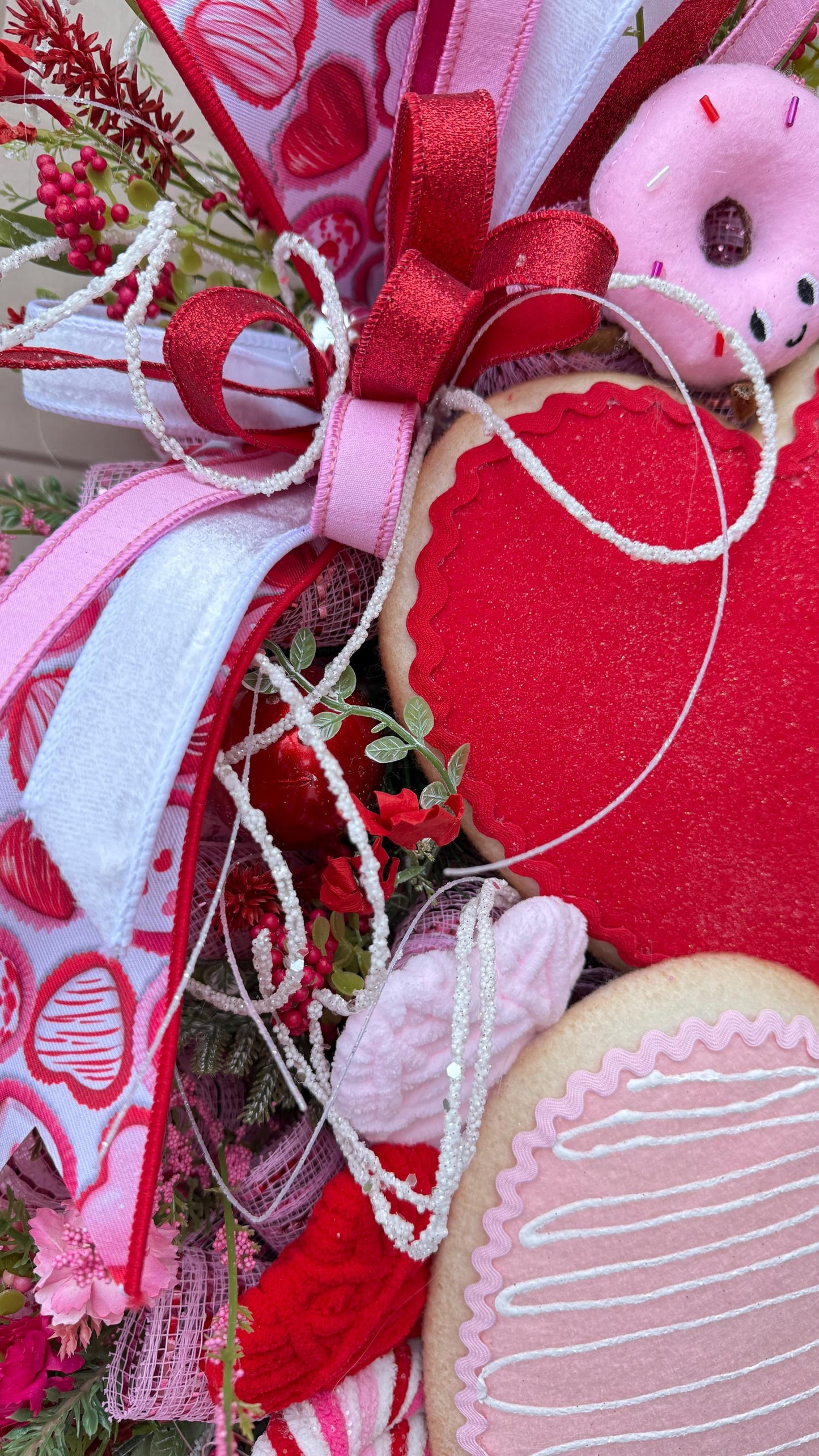Valentine’s Day Heart Wreath with Candy Accents, Pink Red Deco Mesh Door Decor, Sweetheart Plush Wreath