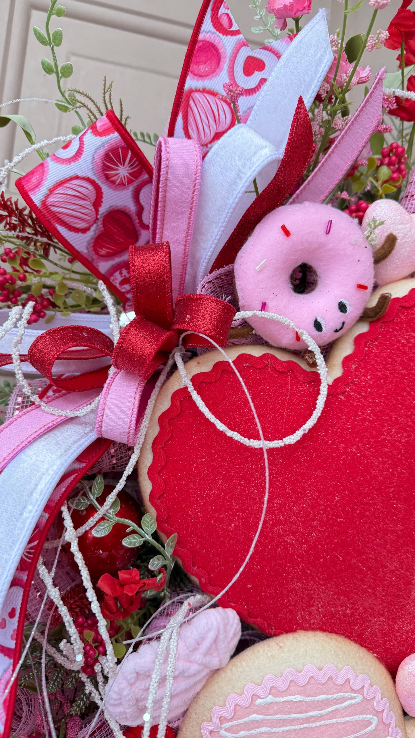 Valentine’s Day Heart Wreath with Candy Accents, Pink Red Deco Mesh Door Decor, Sweetheart Plush Wreath