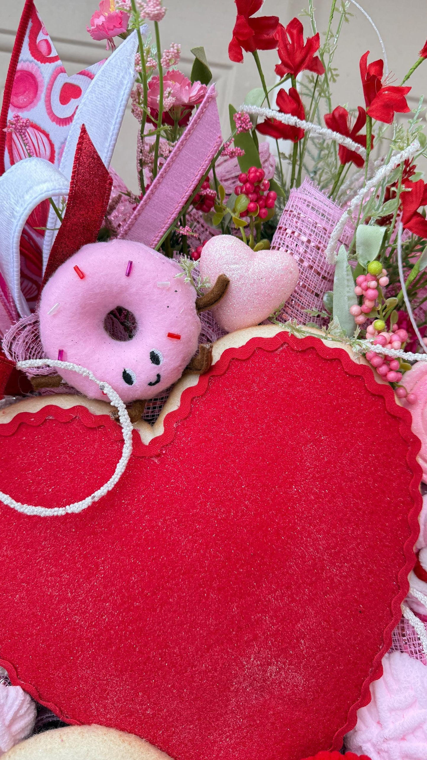 Valentine’s Day Heart Wreath with Candy Accents, Pink Red Deco Mesh Door Decor, Sweetheart Plush Wreath