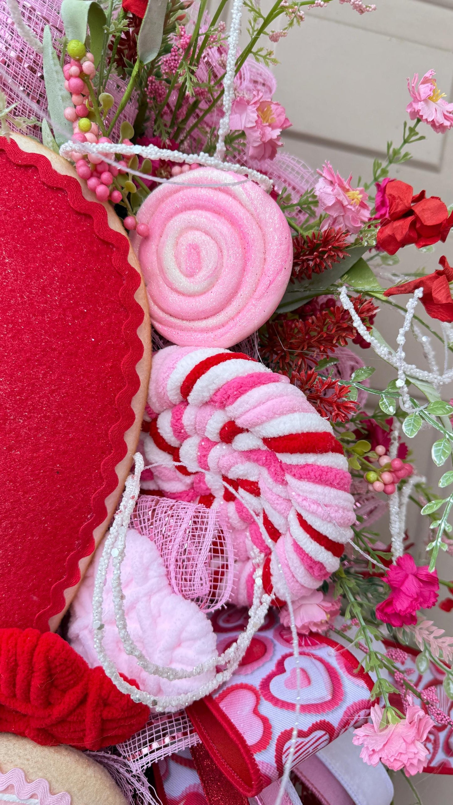 Valentine’s Day Heart Wreath with Candy Accents, Pink Red Deco Mesh Door Decor, Sweetheart Plush Wreath