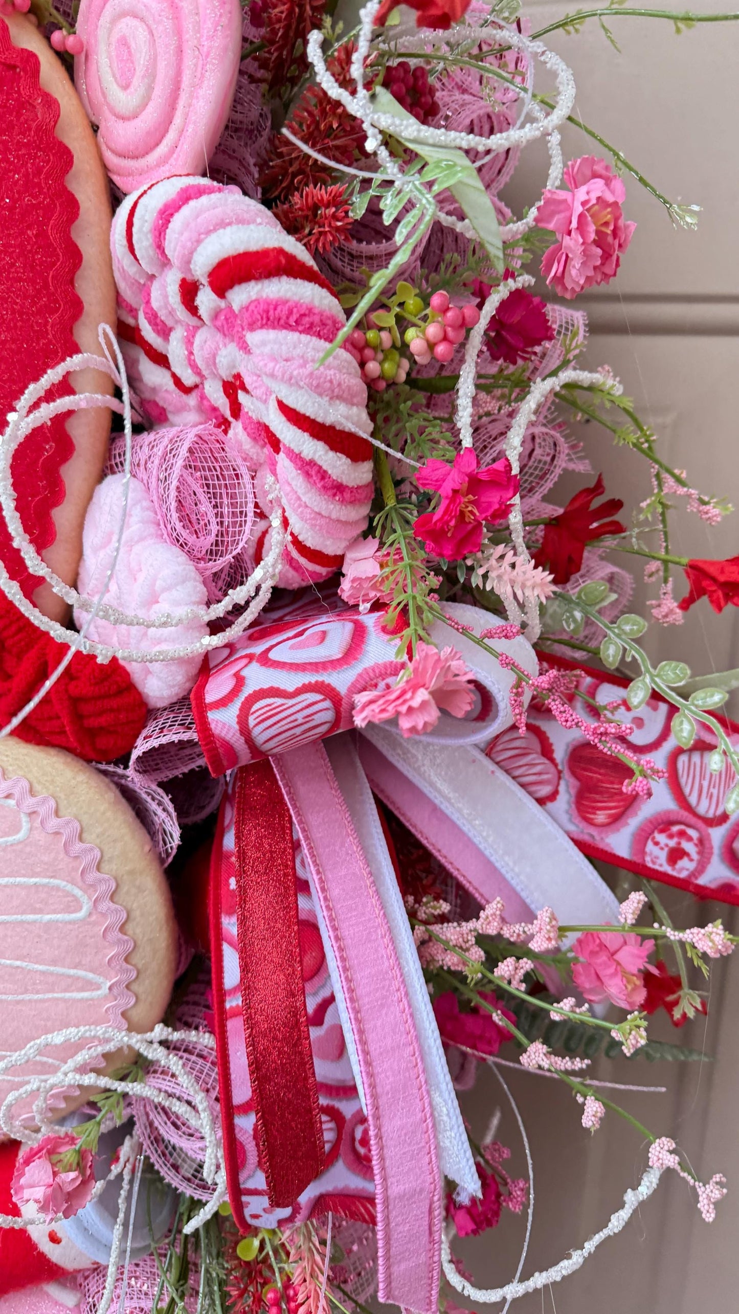 Valentine’s Day Heart Wreath with Candy Accents, Pink Red Deco Mesh Door Decor, Sweetheart Plush Wreath