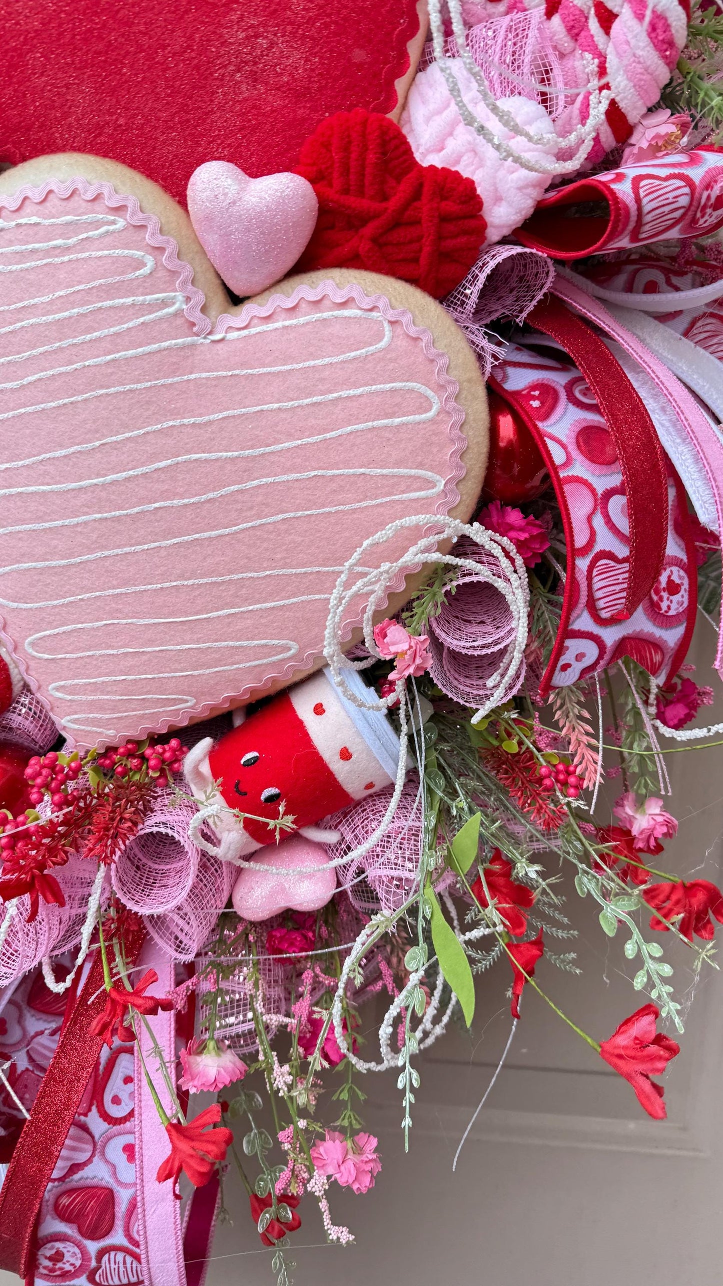 Valentine’s Day Heart Wreath with Candy Accents, Pink Red Deco Mesh Door Decor, Sweetheart Plush Wreath