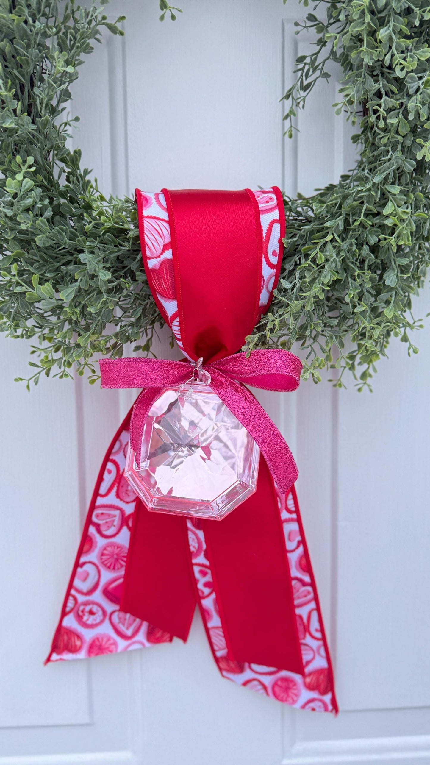 Greenery Wreath with Handmade Valentine Ribbon And Crystal Accent Romantic Door or Wall Decor