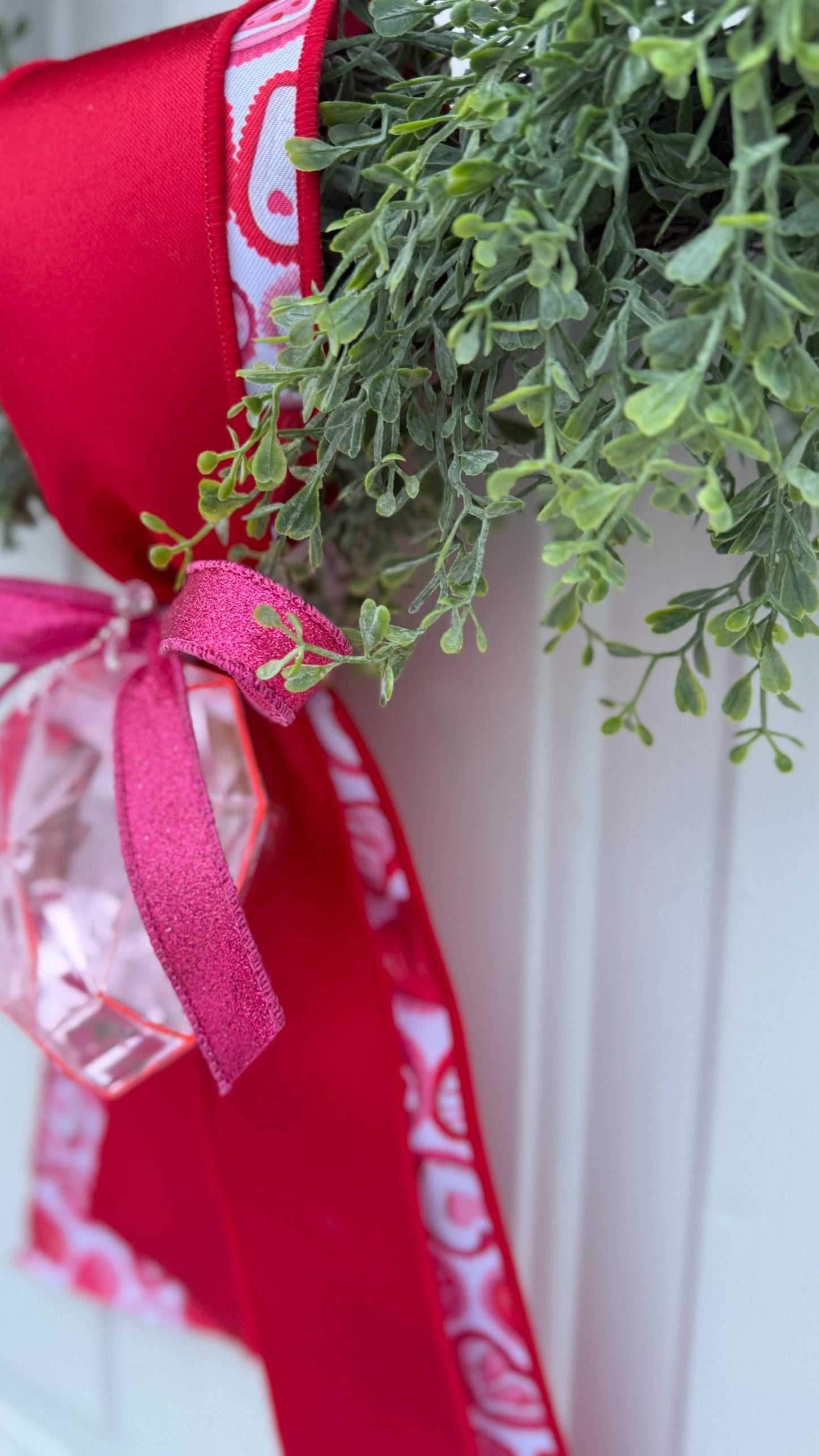 Greenery Wreath with Handmade Valentine Ribbon And Crystal Accent Romantic Door or Wall Decor