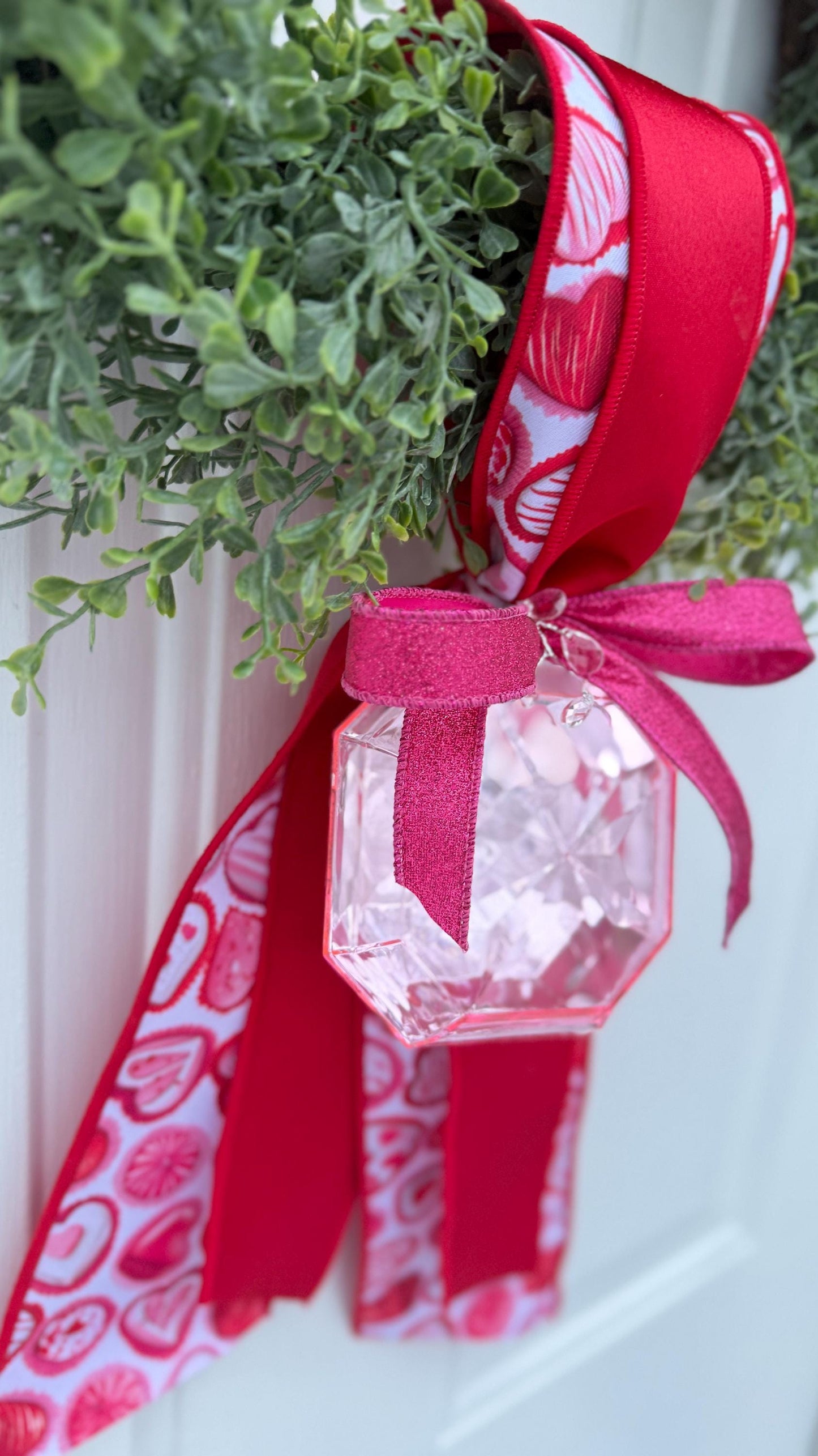 Greenery Wreath with Handmade Valentine Ribbon And Crystal Accent Romantic Door or Wall Decor