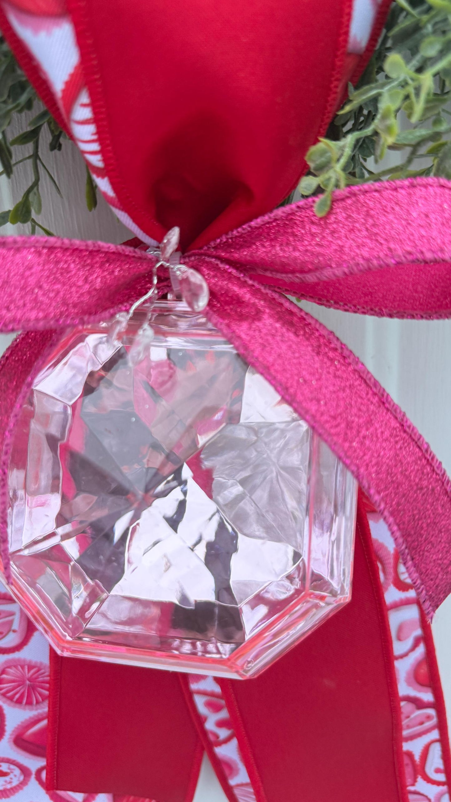 Greenery Wreath with Handmade Valentine Ribbon And Crystal Accent Romantic Door or Wall Decor