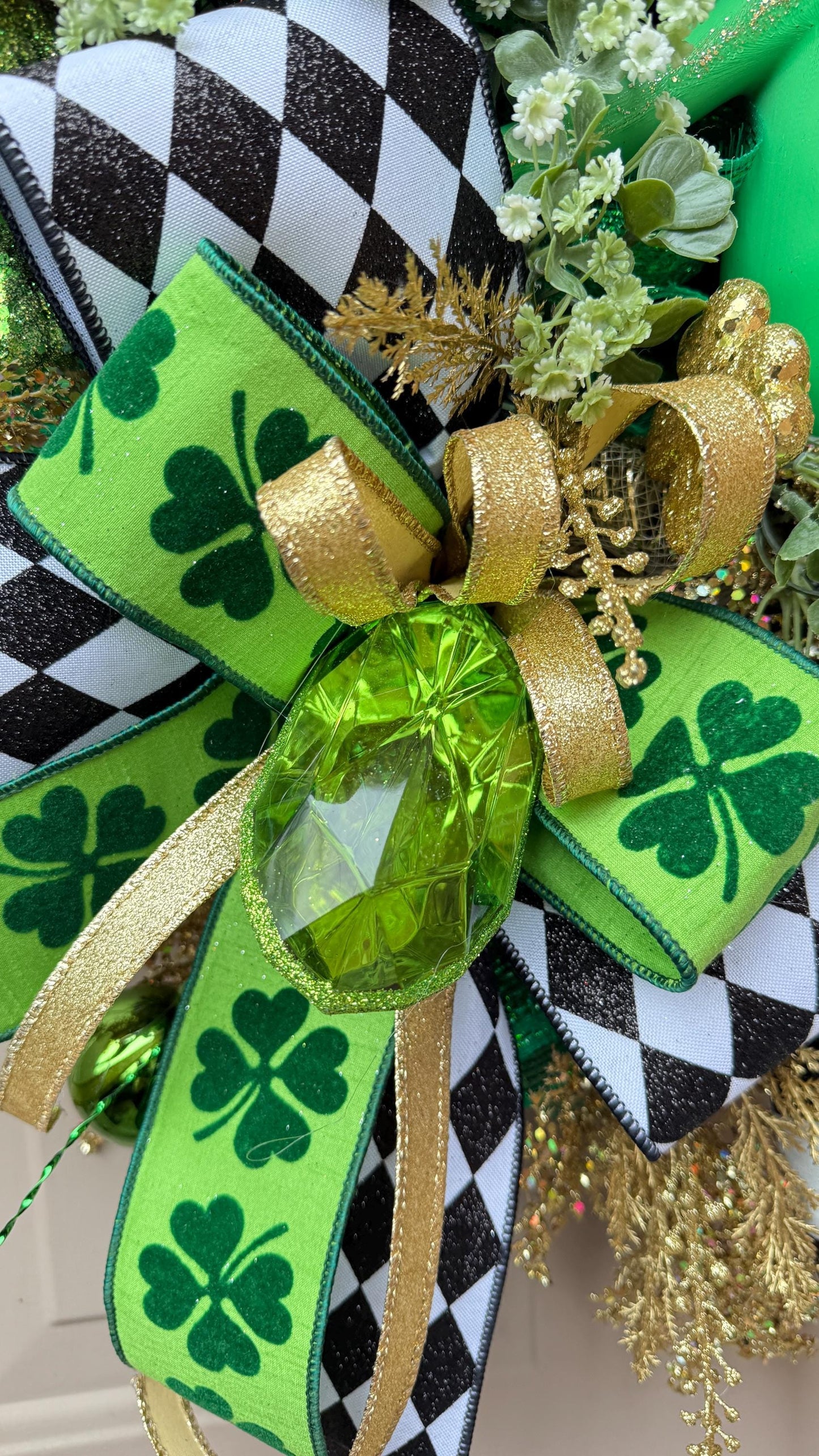 St. Patrick's Day Shamrock Wreath  Green  Gold Clover Door Decor with Glitter Designer  Ribbons