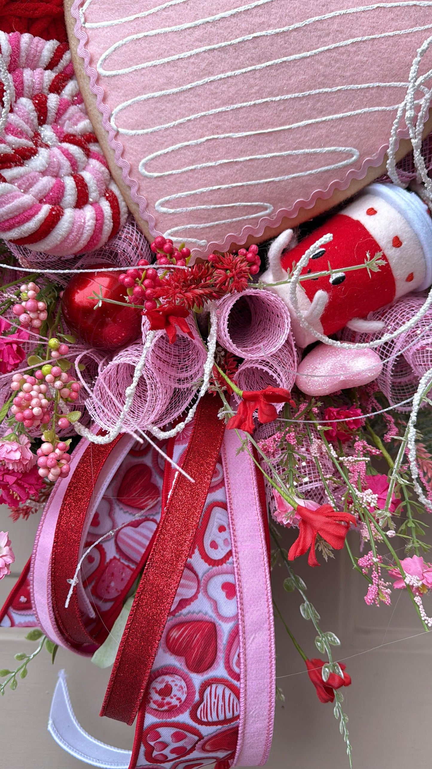 Valentine’s Day Heart Wreath with Candy Accents, Pink Red Deco Mesh Door Decor, Sweetheart Plush Wreath